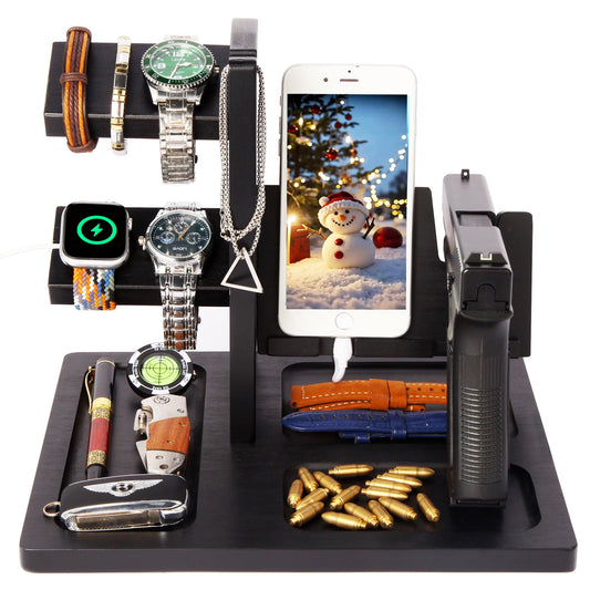 Pistol Rack for Gun Safe, Wooden Handgun Rack Holder for Gun, Wood Phone Docking Station with Magnetic Groove as Nightstand Organizer as Gifts for Men Boyfriend Husband Father in Birthday Christmas