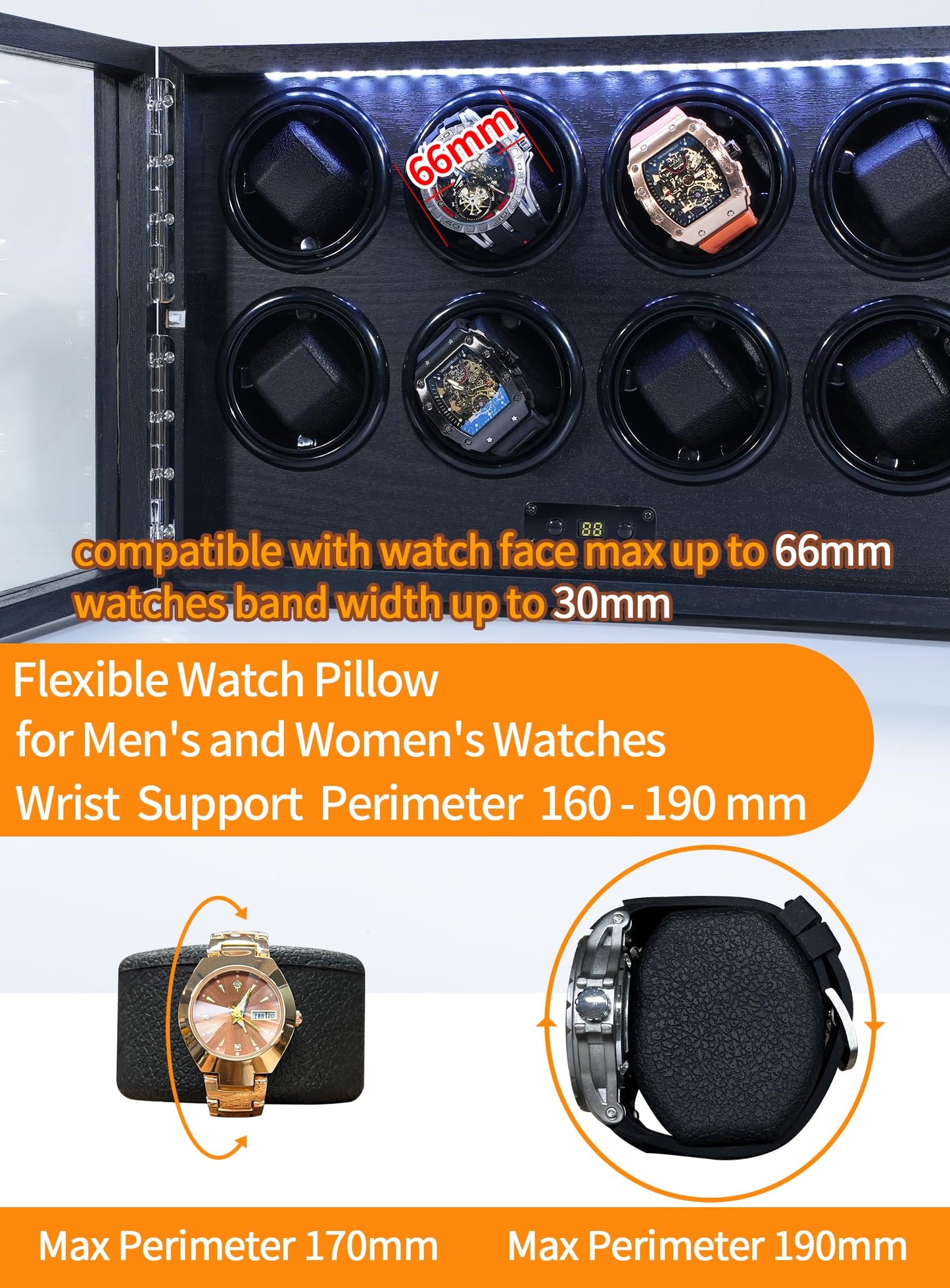 RYLENE 8 Watch Winder for Automatic Watches Watch Rotator for Rolex 15 Rotation Modes Display Box White Light, Watches Winder Case with Adapter Present for Man Quiet Mabuchi Motor