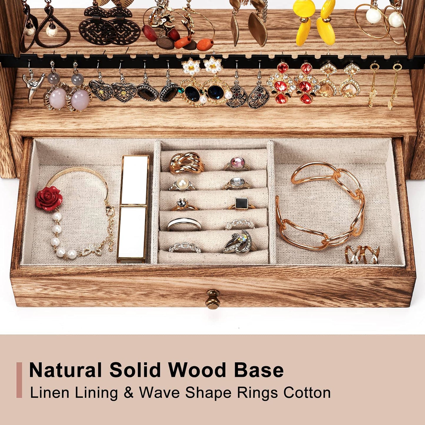 Pinzoveco Earring Organizer, 5 Layer Earring Holder Organizer with Necklace Holder Pole, Rustic Wood Jewelry Organizer Stand Display for Stud Earring Bracelet Necklace Ring, 175 Earring Holes