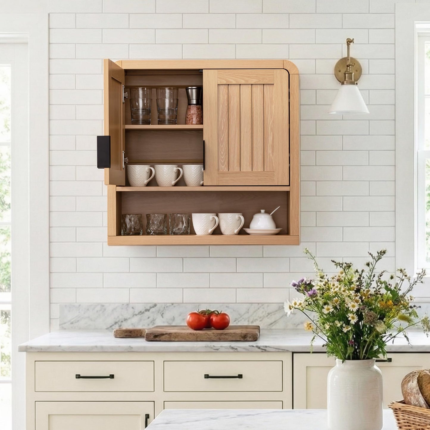 Amellix Wall Mounted Bathroom Storage Cabinet with Adjustable Shelf, Wooden Medicine Cabinet Over The Toilet Organizer for Space Saving, Modern Farmhouse Style, Natural Oak