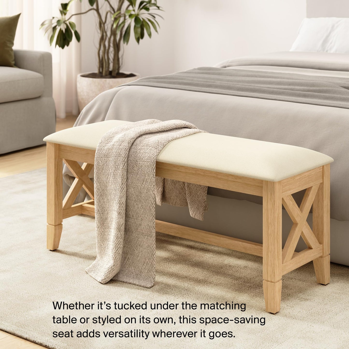 Bush Home 44-inch Upholstered Entryway Bench, Entryway and Hallway Furniture, Key West Collection, Blonde Oak and Bright Beige Fabric