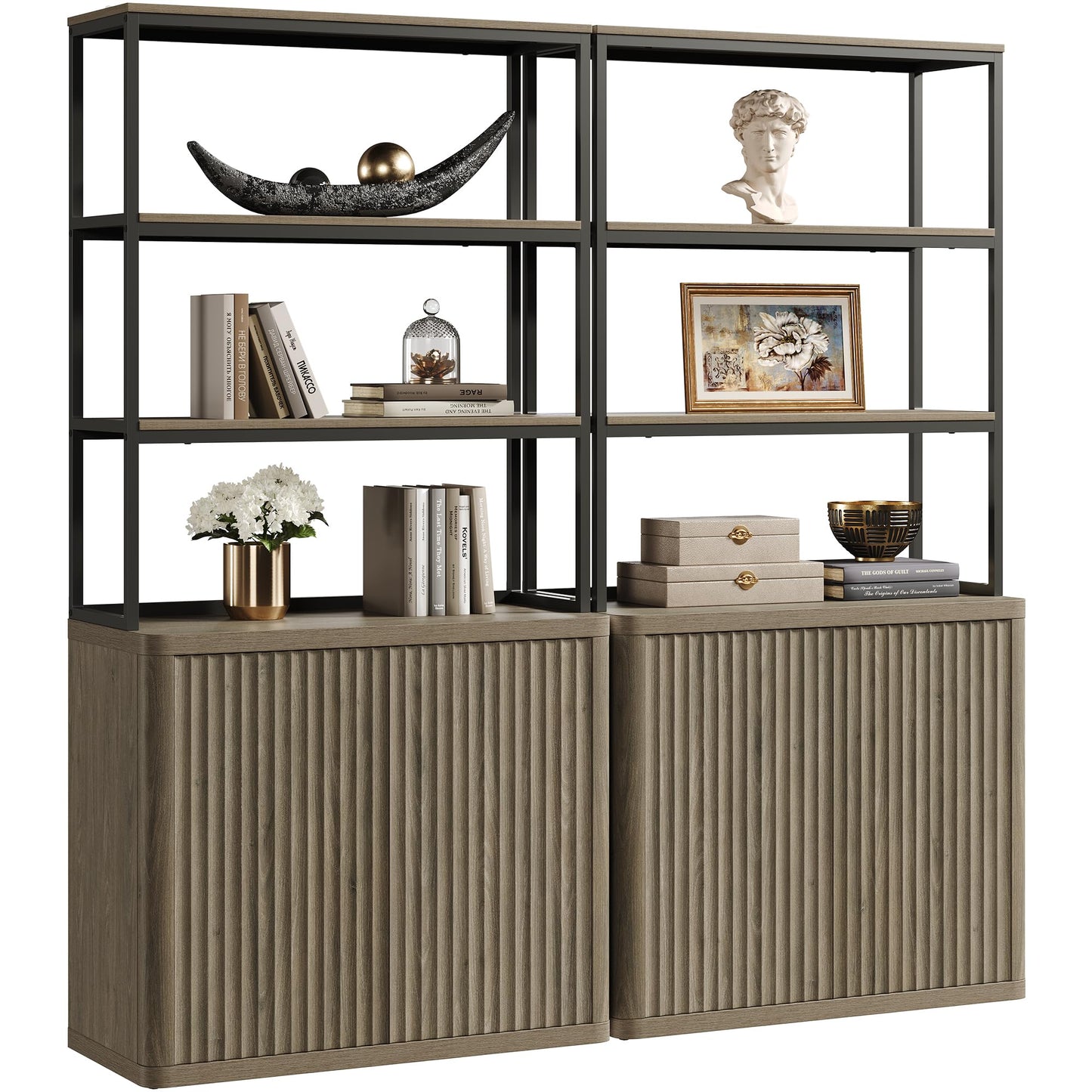 SICOTAS Book Shelf Fluted Bookshelf 71" Tall Bookcase with Doors Storage 5 Tier Mid Century Modern Bookshelves Large Shelves Metal Book Cases for Living Room Office Kitchen Library