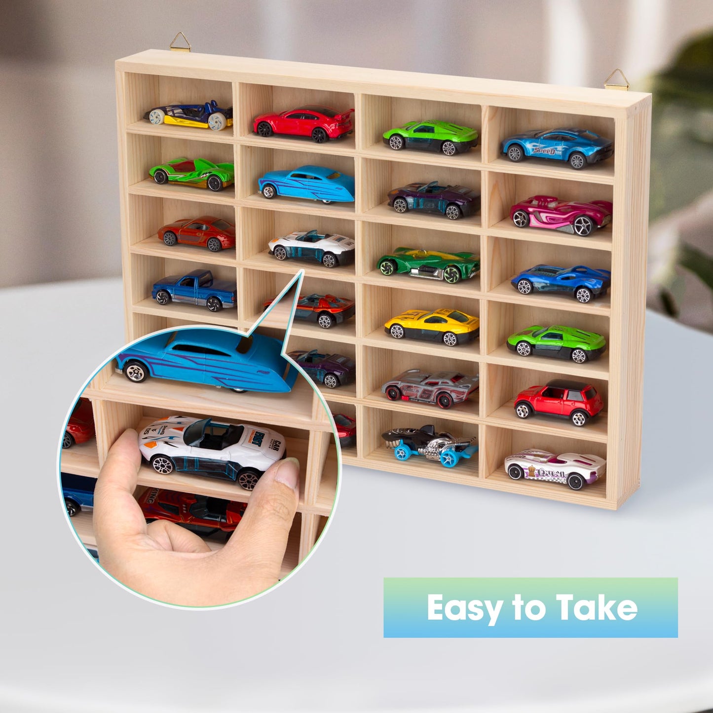 Stylish Wood Toy Cars Display Case, Wall-Mountable Organizer for Toy Cars and Matchbox Cars, Includes Hanging Screws (Wood-24 Slots)