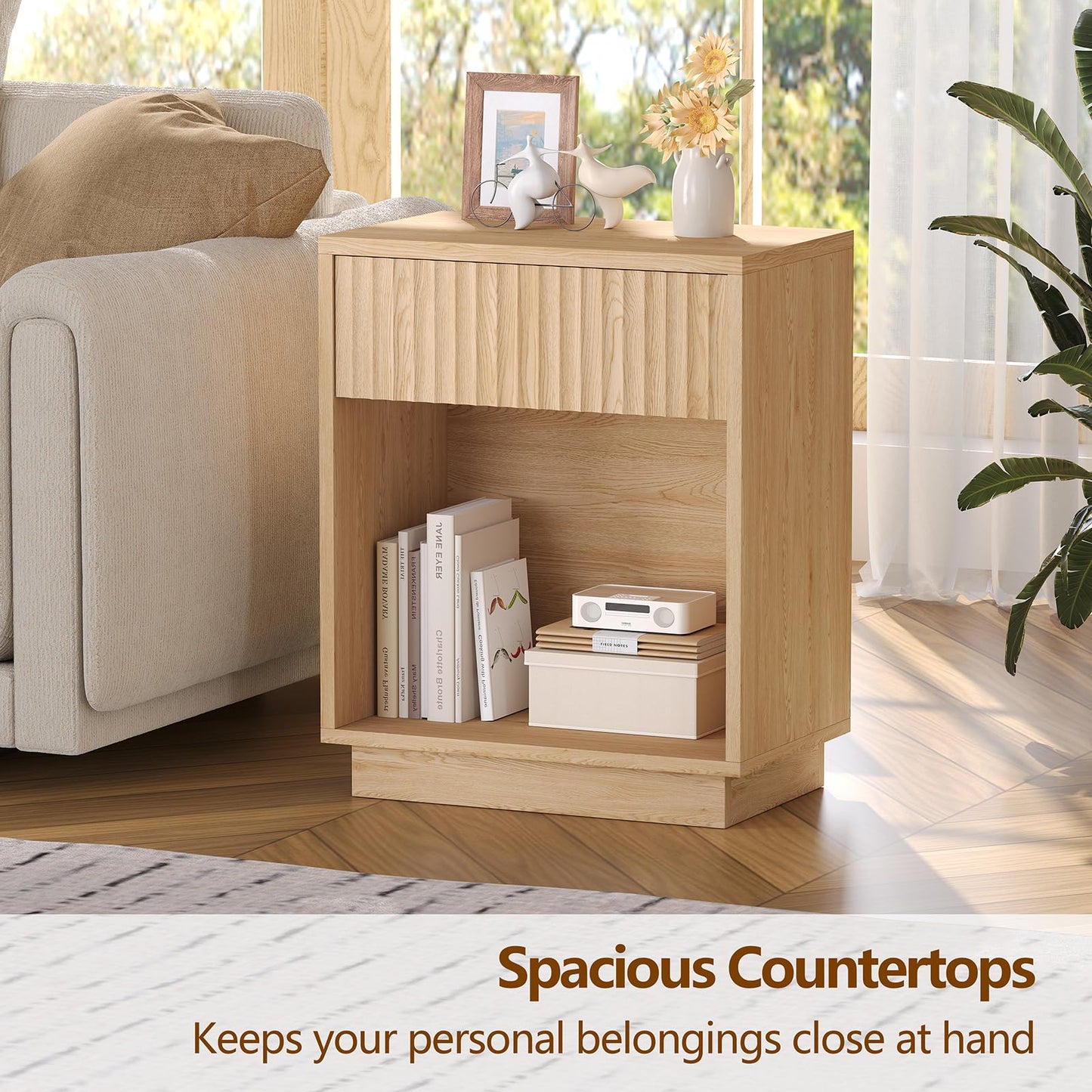 Zeibospri Fluted Nightstands Set of 2, Modern Mid Century Night Stand with Drawer and Open Shelf, Wooden Bedside End Side Table for Bedroom, Hallway, 11.8" D x 18.9" W x 23.6" H, Natural Oak