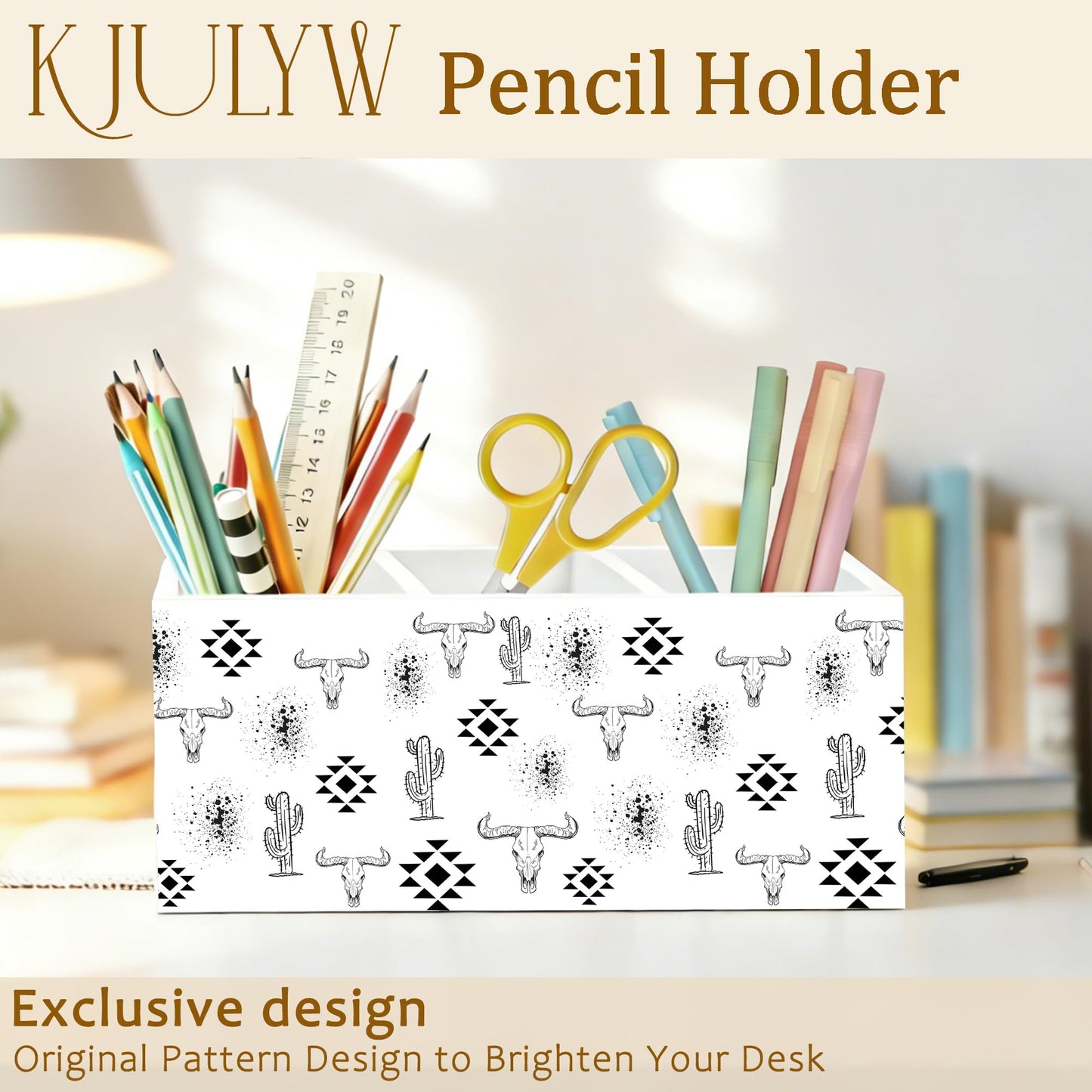 KJULYW Western Desk Accessories Pen Holder, Western Office Decor, Boho Aztec Bull Skull Cactus Wooden Box Pencil Pen Holder Organizer for Home Office Desk Accessories