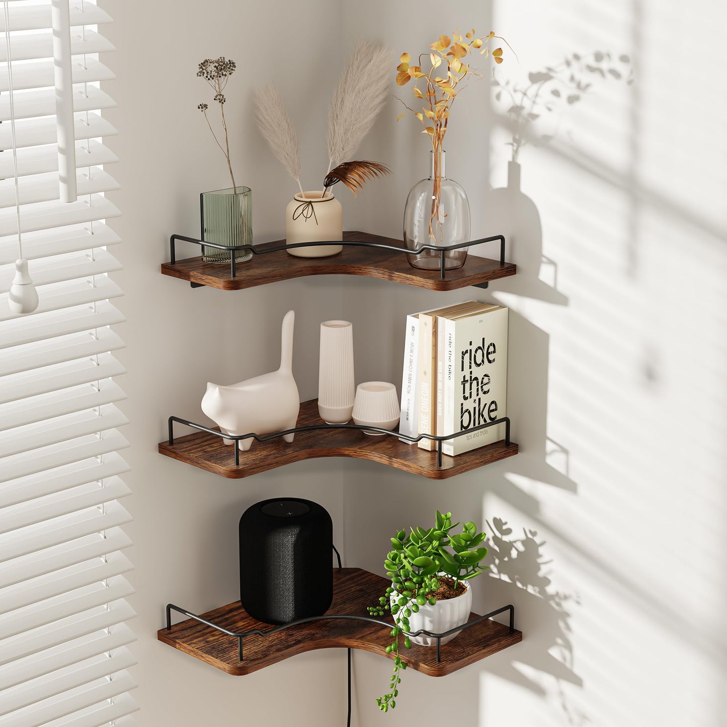 FNBAR L-Shaped Corner Floating Shelves Set of 3,Rustic Wood Wall Mounted Storage Shelves,Display Shelf for Bathroom, Kitchen,Bedroom, Living Room, Office (Brown)