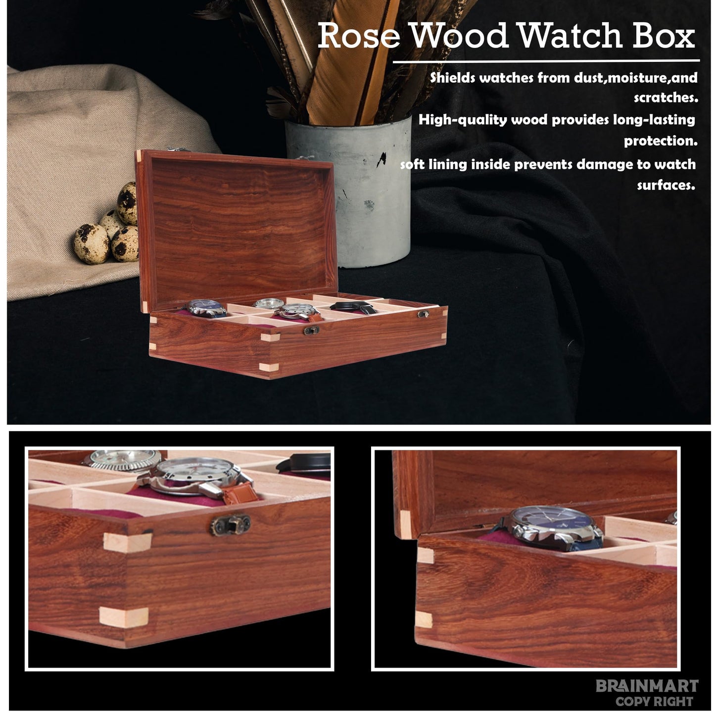 Brainmart Wooden Watch Box for Men & Women, Premium Watch Organizer Case with Wood Top, Durable Storage Holder for Watches, Elegant Gift for Collectors & Enthusiasts (12 Slot)