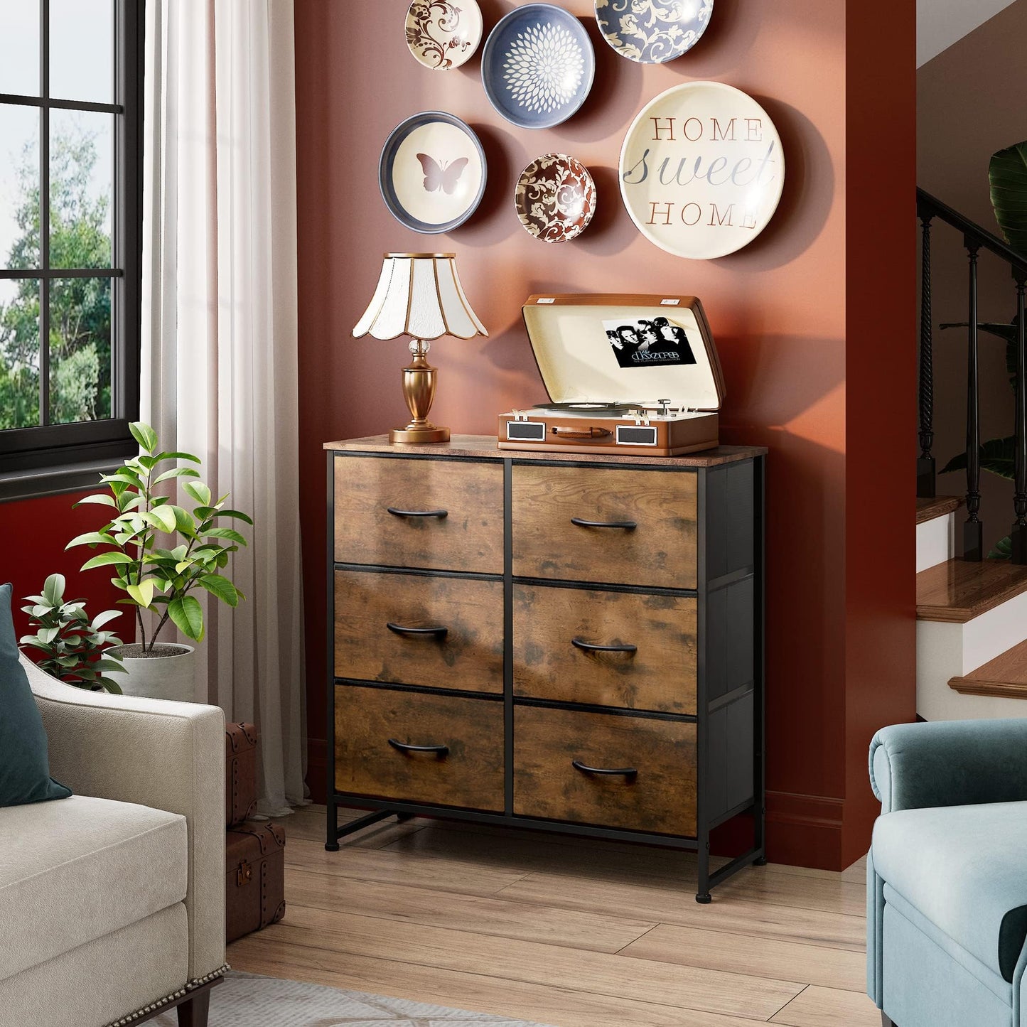 WLIVE Dresser for Bedroom with 6 Drawers, Closet Dresser with Metal Frame, Wooden Top, Fabric Dresser for Closet, Living Room, Hallway, Rustic Brown Wood Grain Print