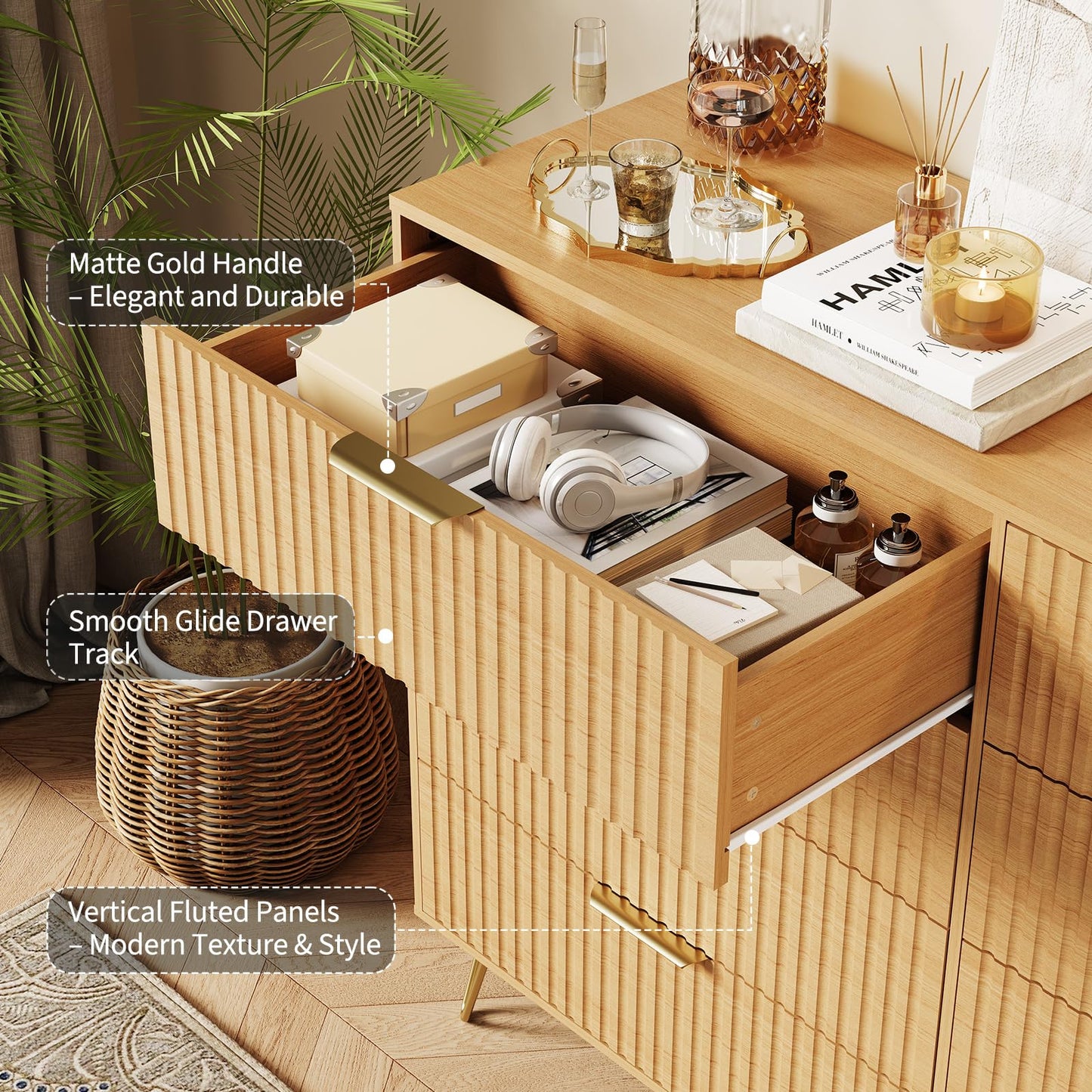 GarveeHome Fluted Dresser for Bedroom with 8 Drawers,55" Wide Modern Chest of Wooden Bedroom Chest with Metal Handle,Clothes Storage Organizer,Dresser & TV Stand for Living Room,Nutural