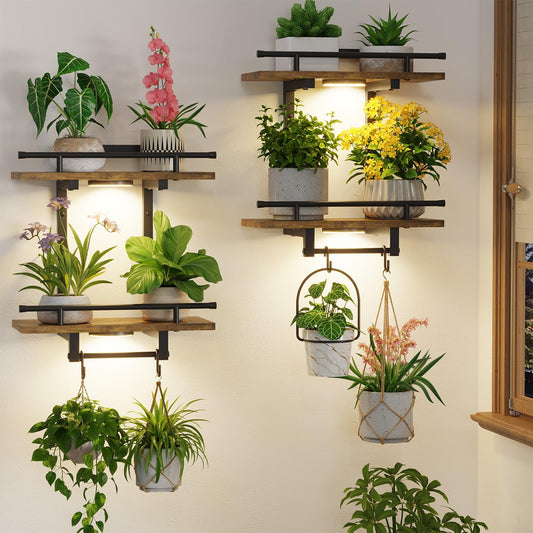 LASZOLA Floating Plant Shelves Holder Wall Mounted Indoor with Grow Lights, 2 Pack Plant Hangers Stand with 4 Hooks, Metal and Wood Flower Hanging Display for Living Room Kitchen Bathroom Decor, Brown
