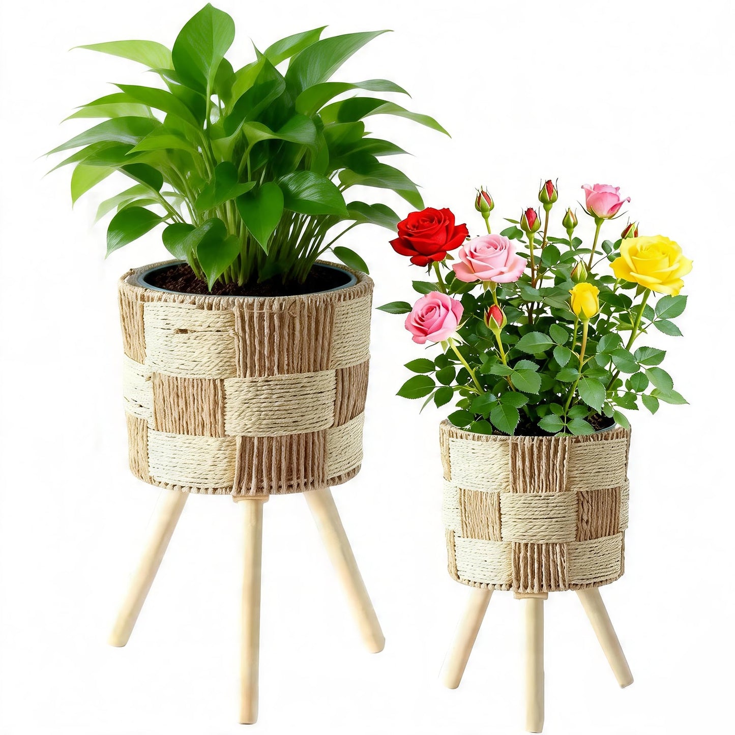 LiliGloris Boho Rattan Plant Stand Set of 2 – Handwoven Wicker Mid-Century Modern Floor Planter Stand for Indoor Plants, Large Farmhouse Decor, Sturdy Wood & Rope Design, Housewarming Gift