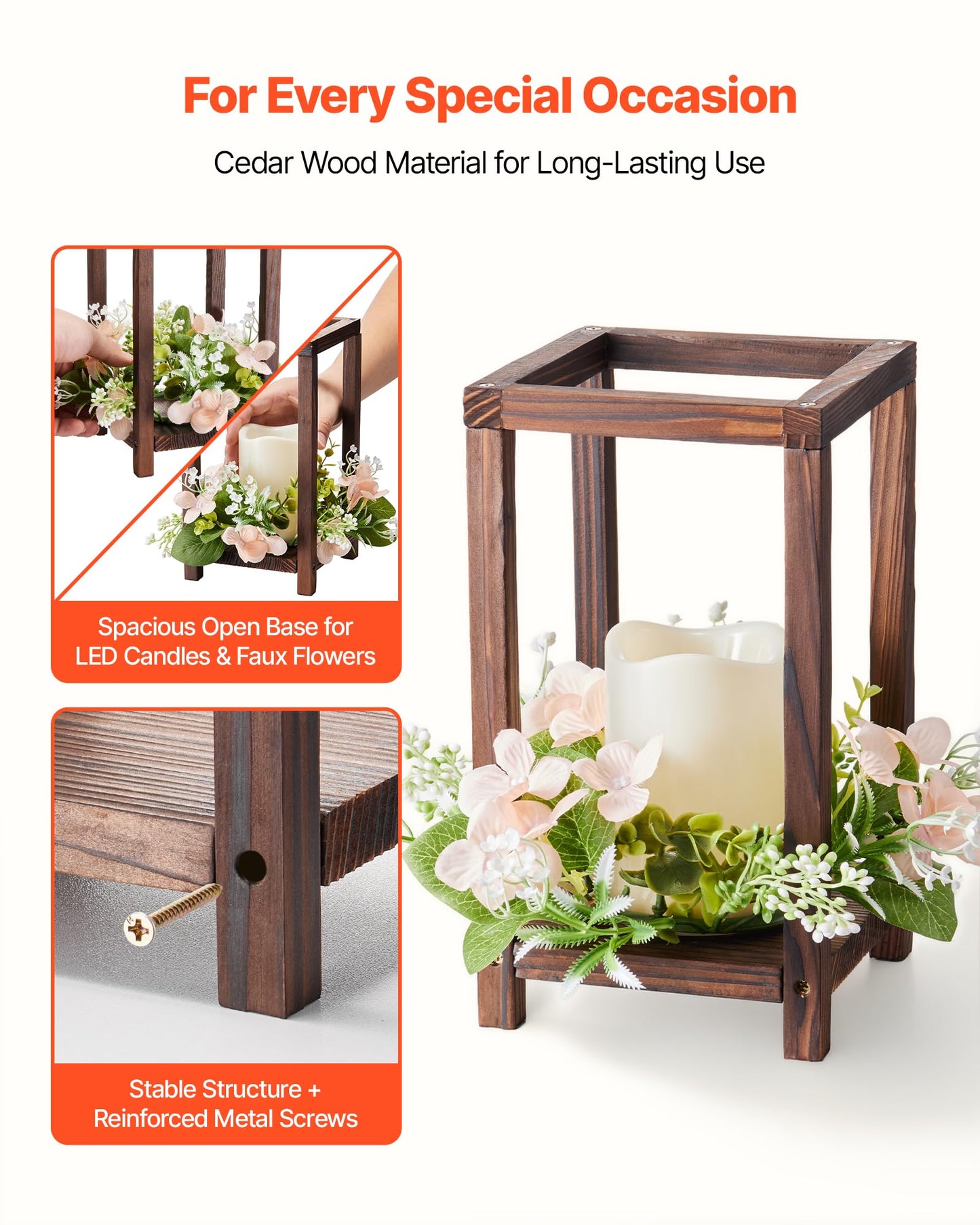 VEVOR 10 Set/30 Pcs Wooden Wedding Lantern Centerpiece, Includes 10 Wooden Lantern Candle Holder 10 Flameless LED Candle 10 Champagne Flower Wreath for Wedding Table Party Farmhouse Decor, Brown