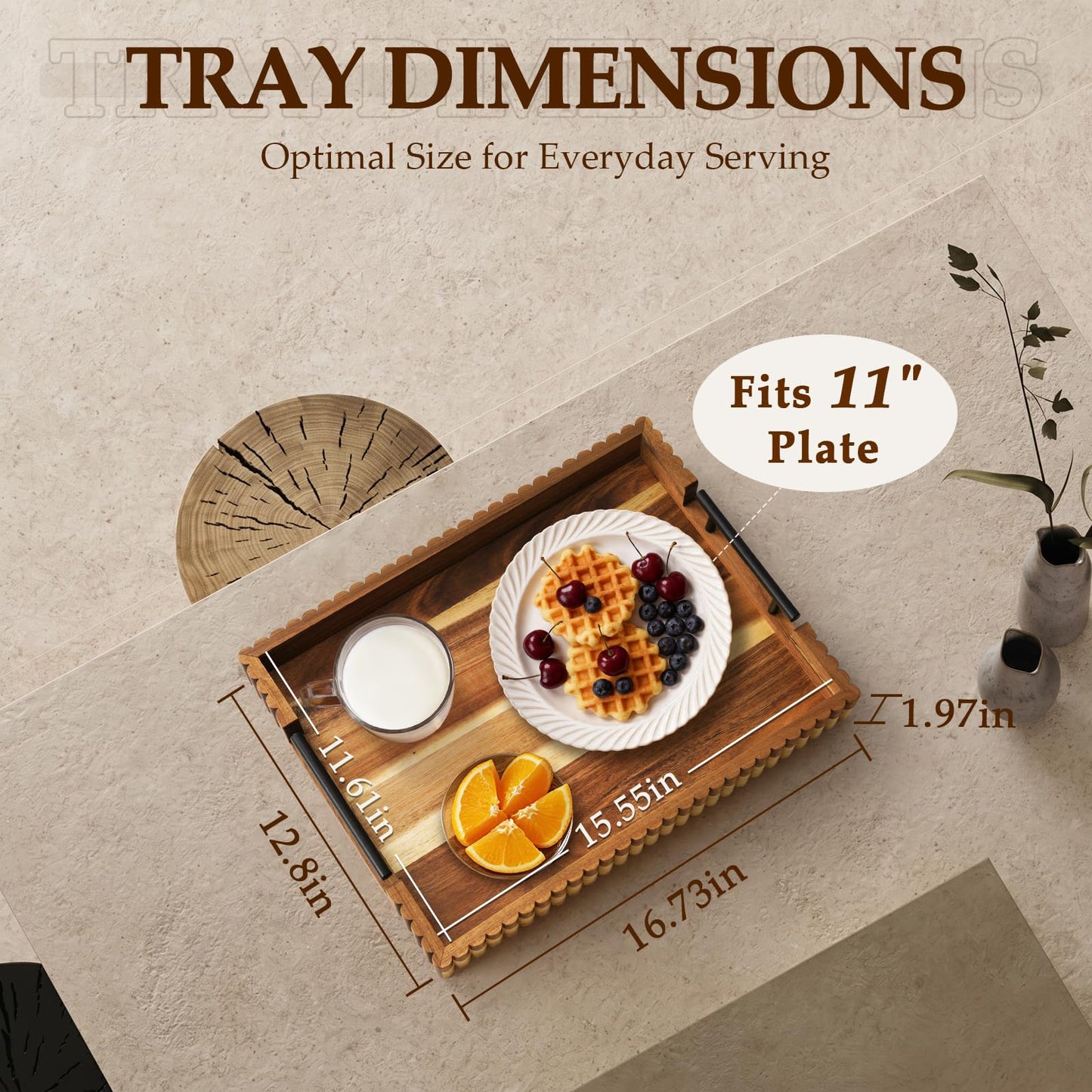 Cathyeen Acacia Wood Decorative Serving Tray with Handles, 16.7" x 12.8" Large Wooden Ottoman Tray for Living Room, Coffee Table Tray Decor for Food, Dinner, Tea or Breakfast in Bed (Natural)