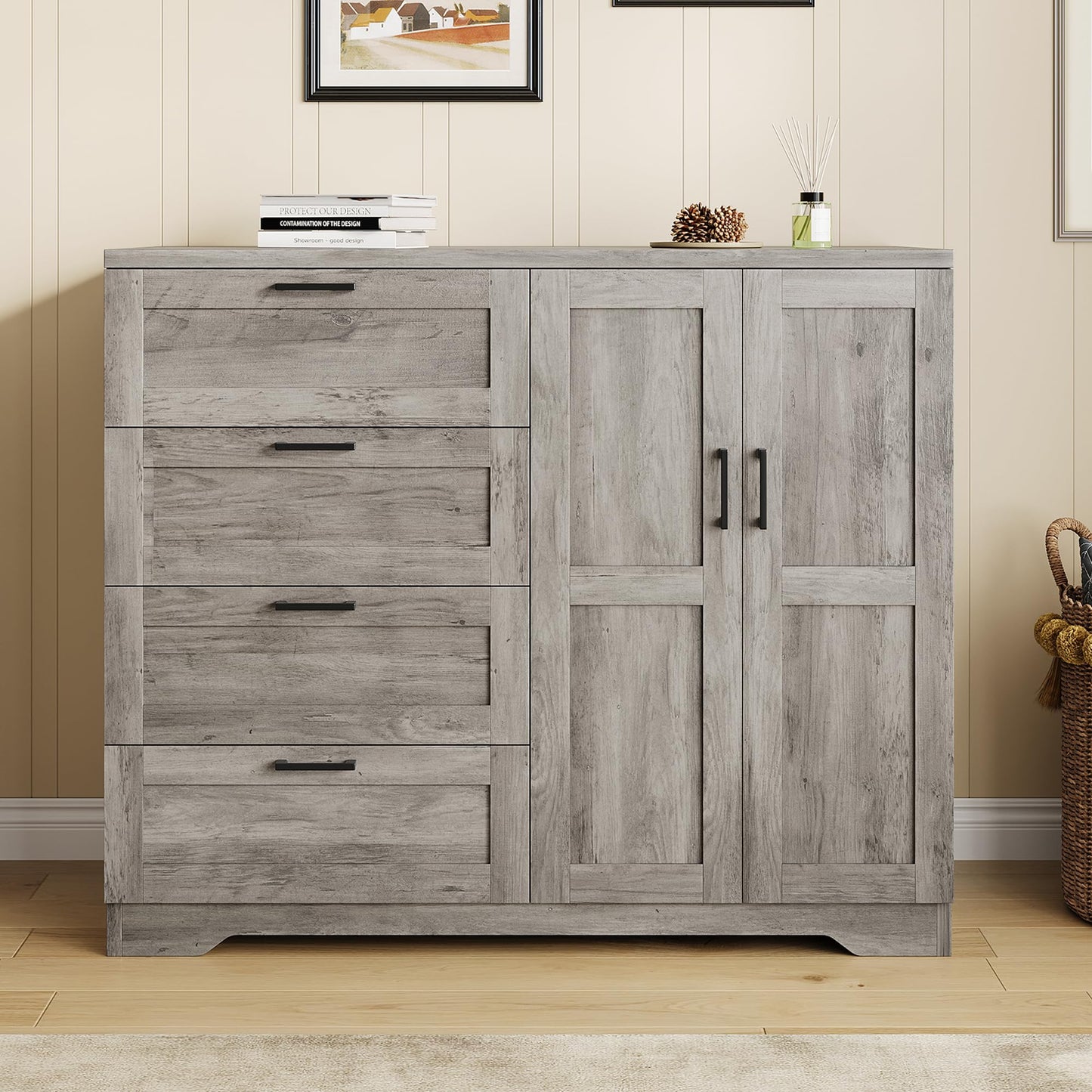 GarveeHome Multifunctional Wooden Dresser for Bedroom, 43.3 in H 2 Door Wardrobe Armoire Closet with 4 Drawers and Hanging Rod, Low Storage Cabinet for Hanging Cloth, Gray
