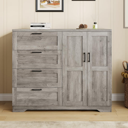 GarveeHome Multifunctional Wooden Dresser for Bedroom, 43.3 in H 2 Door Wardrobe Armoire Closet with 4 Drawers and Hanging Rod, Low Storage Cabinet for Hanging Cloth, Gray