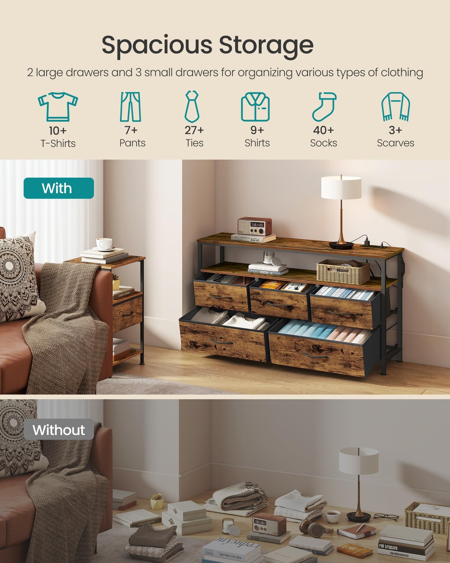 SONGMICS BELLAH Collection - Dresser for Bedroom with App-Controlled LED Lights and Charging Station, Chest of Drawers, TV Stand, 5 Drawers, Shelf, Industrial, Rustic Brown and Ink Black ULGS723KD05S