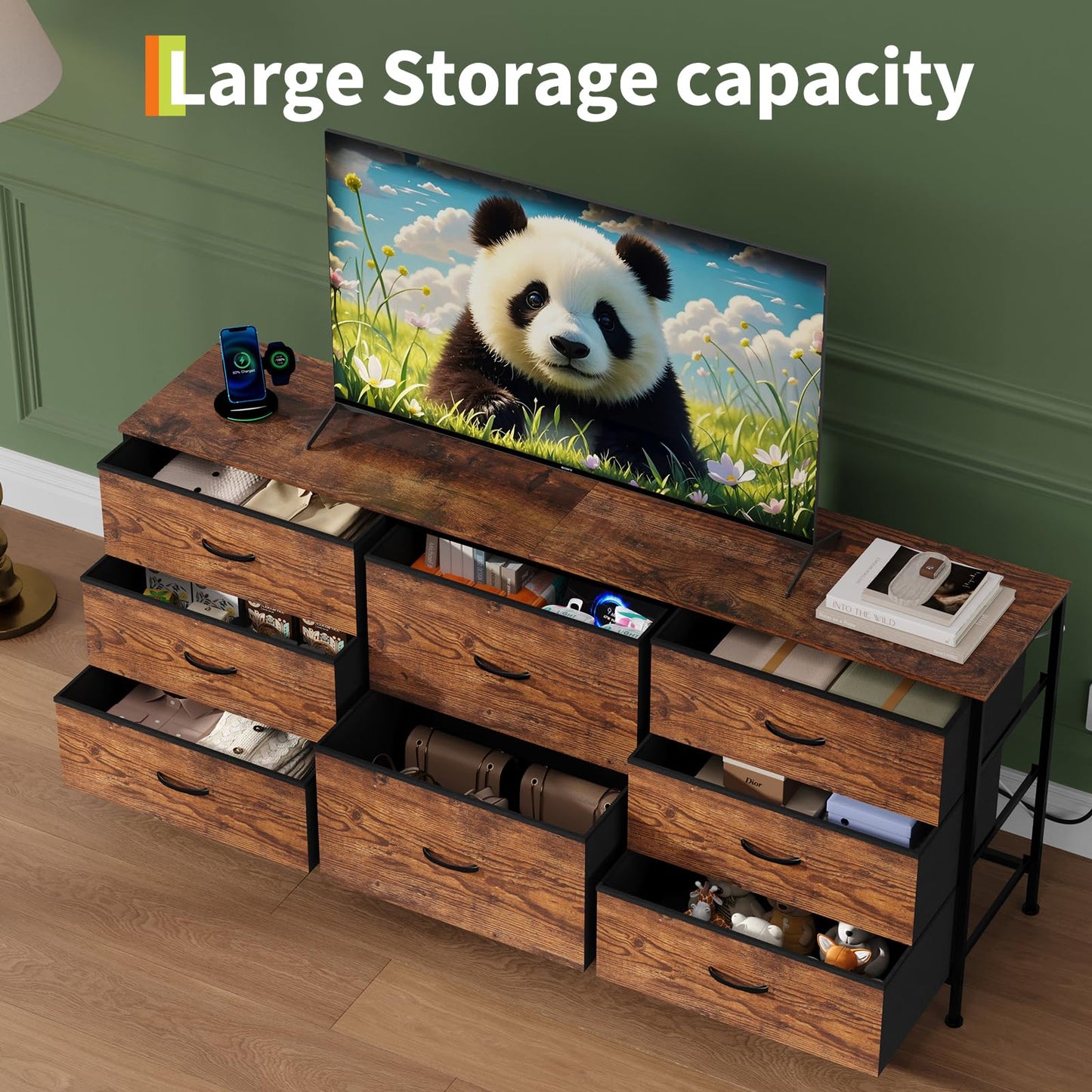 Garvee 8 Drawer Fabric Dresser TV Stand with Wooden Top, Metal Frame Storage Chest, Wide Closet Organizer for Bedroom Living Room Hallway, Natural Wood, 62.99 x 26.77 x 13.79 Inches