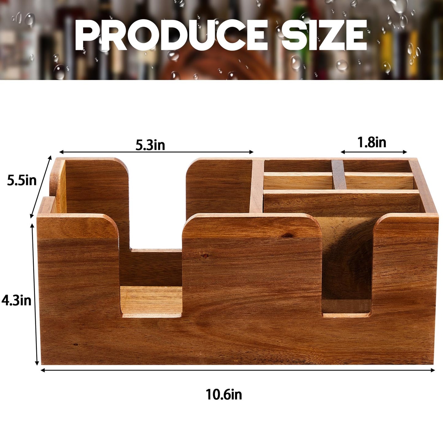 Mifoci Wooden Bar Caddy with 6 Compartments, Acacia Wood Bar Caddy Napkin & Straw Holder Organizer Cocktail Napkin Holder Condiments for Home Office Kitchen Countertop (Brown)