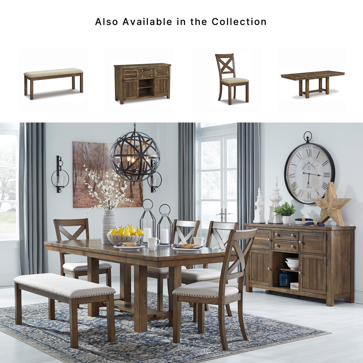 Signature Design by Ashley Moriville Casual Rustic Upholstered Dining Bench, Grey & Brown