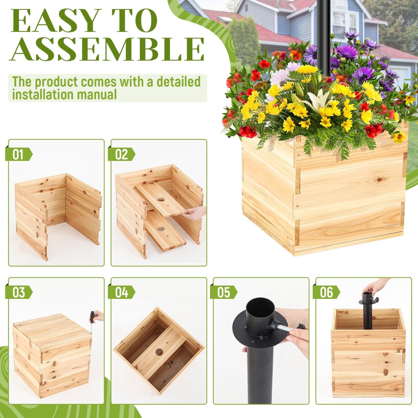 Wonderjune Large Decorative Wooden Planter 15.7" x 15.7" x 15.3" Umbrella Planter Solid Wood Garden Patio Box with Universal Rod Adapter Support for String Light Poles, Umbrellas (Without Pole)