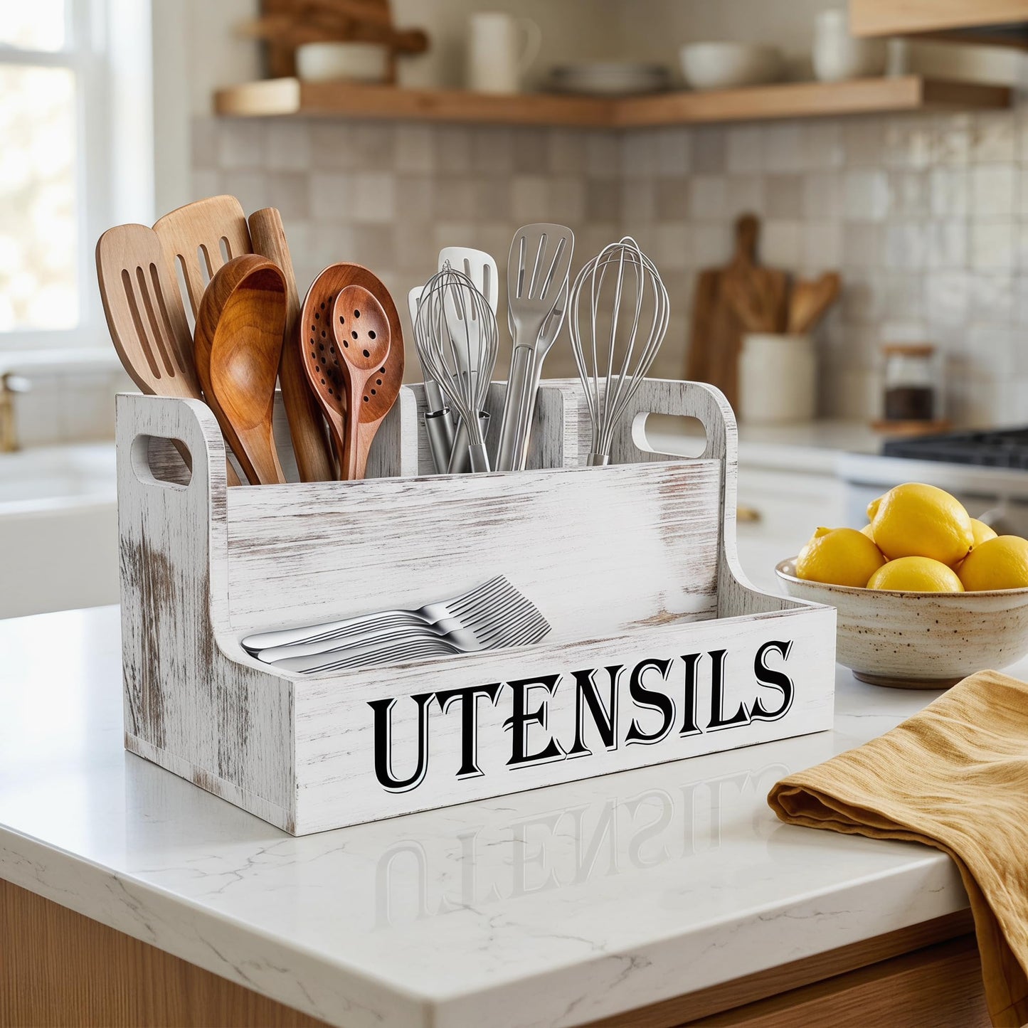 SHAXIXI Wooden Utensil Holder Kitchen, Country Style Cutlery Holder With Drainage Holes In The Bottom (Washed White)