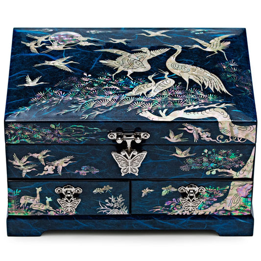 MADDesign Mother of Pearl Lacquered Jewelry Box Two Level Cranes Blue