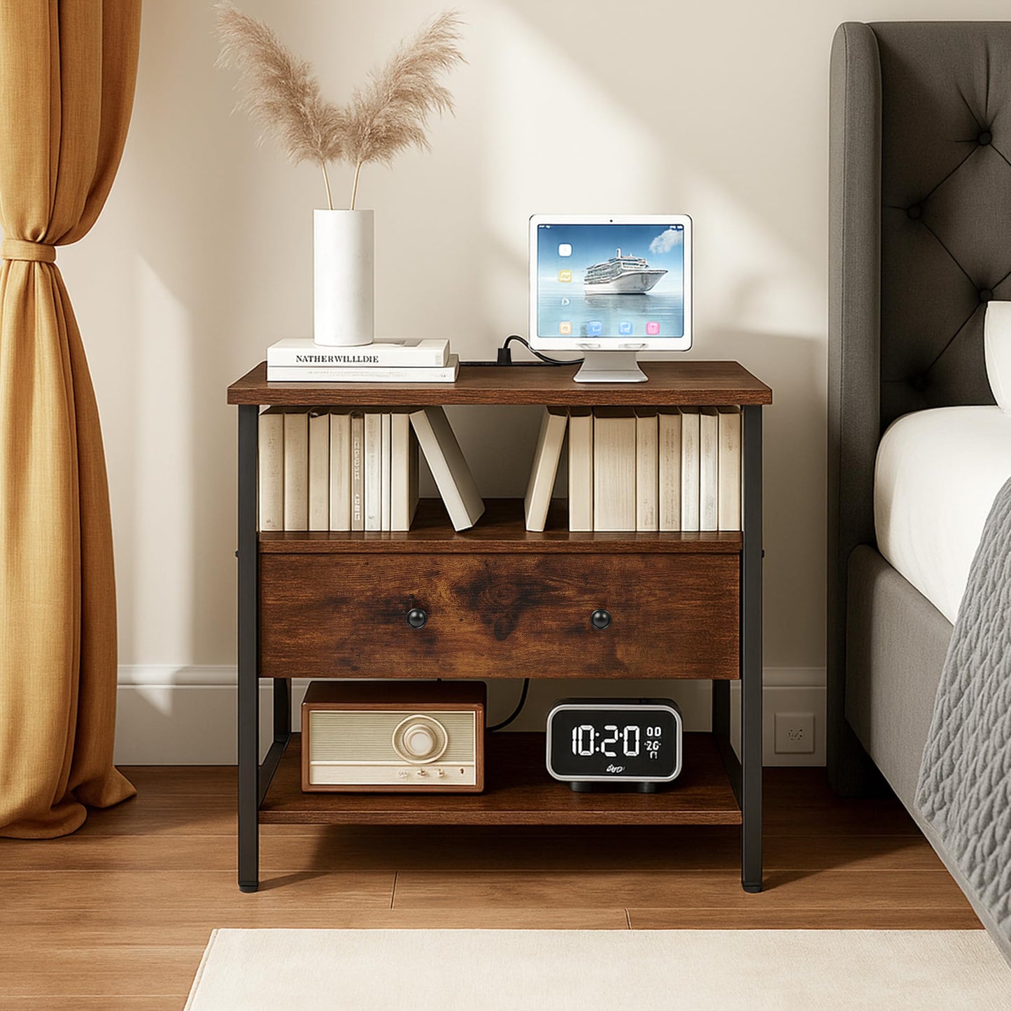 Edbuosy 27 Inch Wide Night Stand with Charging Station, Wood Nightstand with Open Shelf, Large Drawer Bedside Table for Living Room/Bedroom/Office, Retro Brown