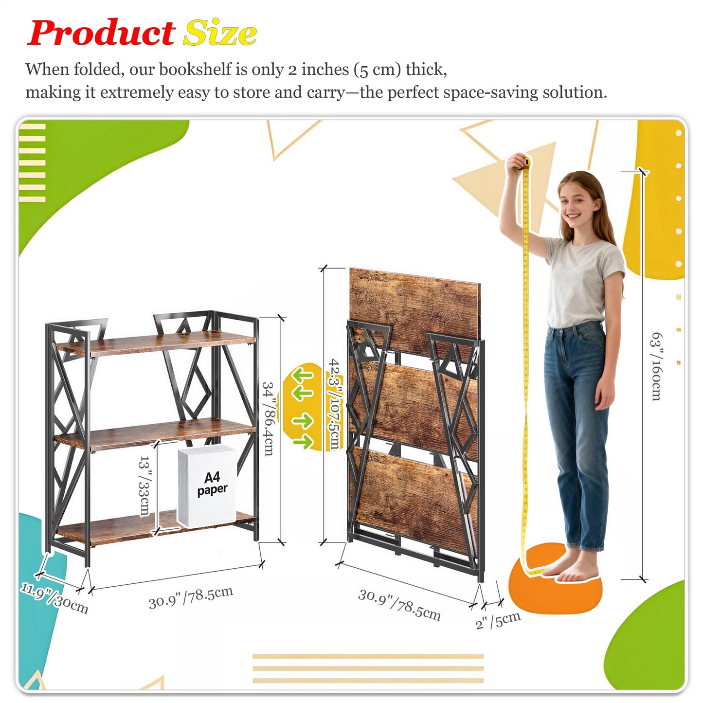 UDD No Assembly Wide Folding Bookshelf, 34" H x 30.9" W, 3 Tier Foldable Book Shelf Industrial Bookcase, Vintage Collapsible Storage Shelves for Home Office Living Room Bedroom, Rustic Brown Black