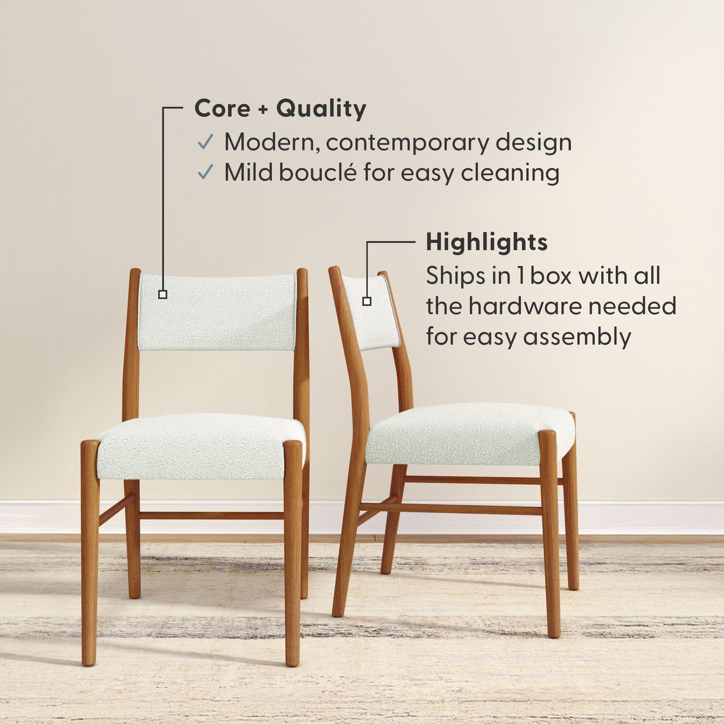 Plank+Beam Brio Dining Chair (2-Pack) - Upholstered Bouclé Seat, Solid Rubberwood Frame, Low-VOC Finish, Easy Assembly, Pecan/Ivory
