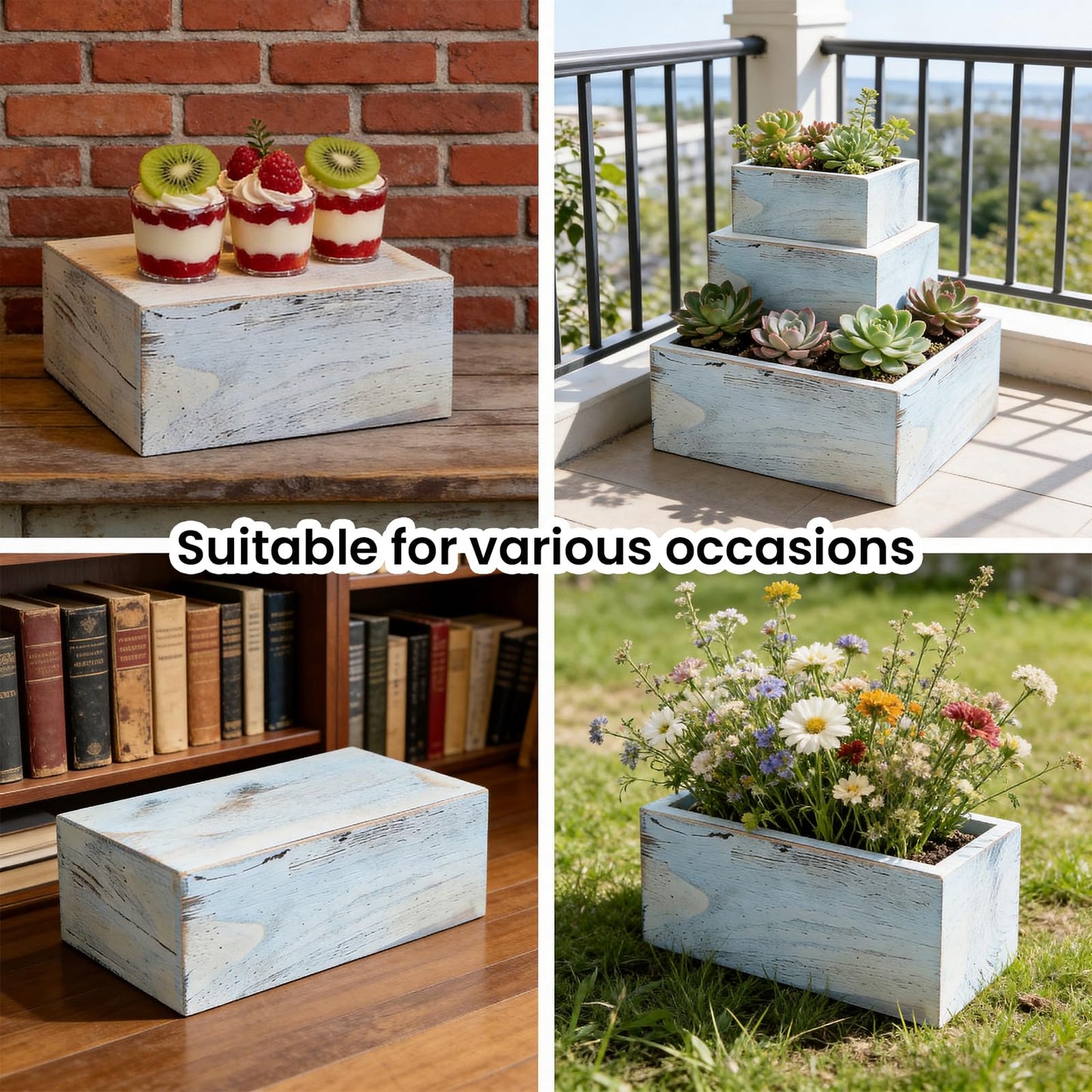 Vankcp Set of 4 Wooden Cake Stands, Square Wooden Crates, Antique White Cupcake Stands, 12 inches Rustic Square Cupcake Box,Wood Display Risers for Wedding,Birthday Party,Christmas(Antique White)