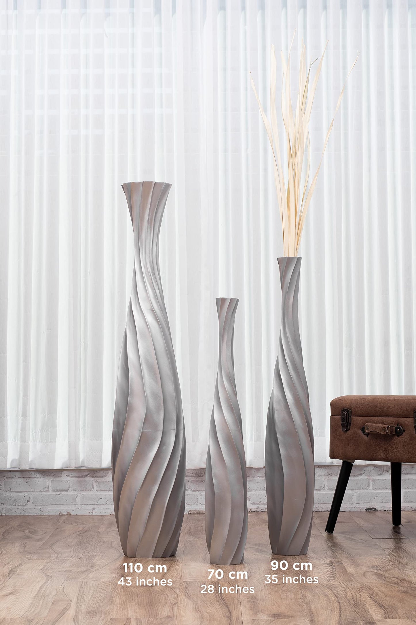 Leewadee Large Silver Home Decor Floor Vase - Wooden 34 inch Tall Farmhouse Decor Flower Holder for Fake Plant and Pampas Grass