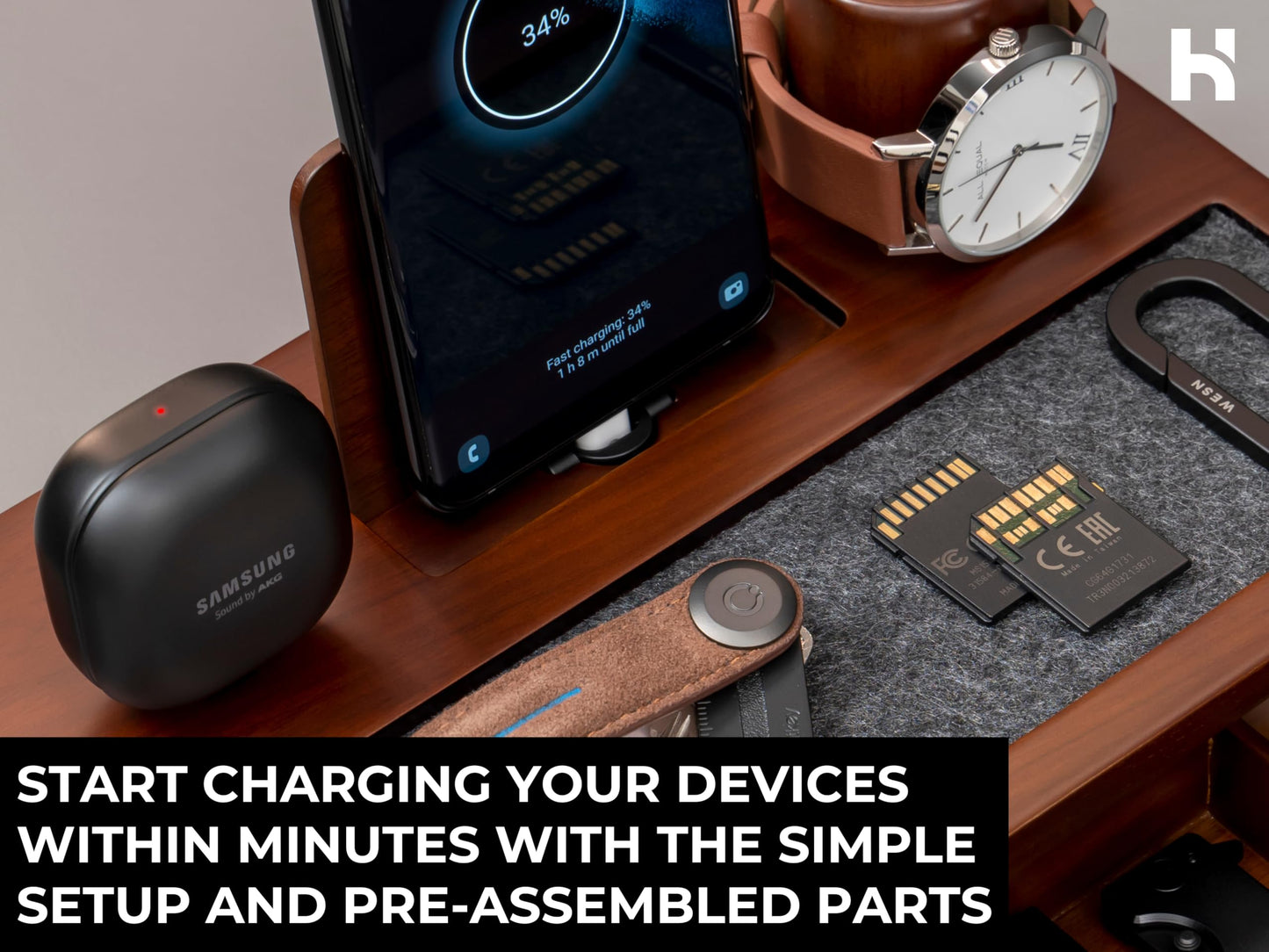 Holme & Hadfield Premium Wooden Phone Docking Station with Drawer – Nightstand Organizer for Charging Phone & Earbuds – Declutter Your Space with Felt-Lined Protection & Watch Pillar - Gift for Men