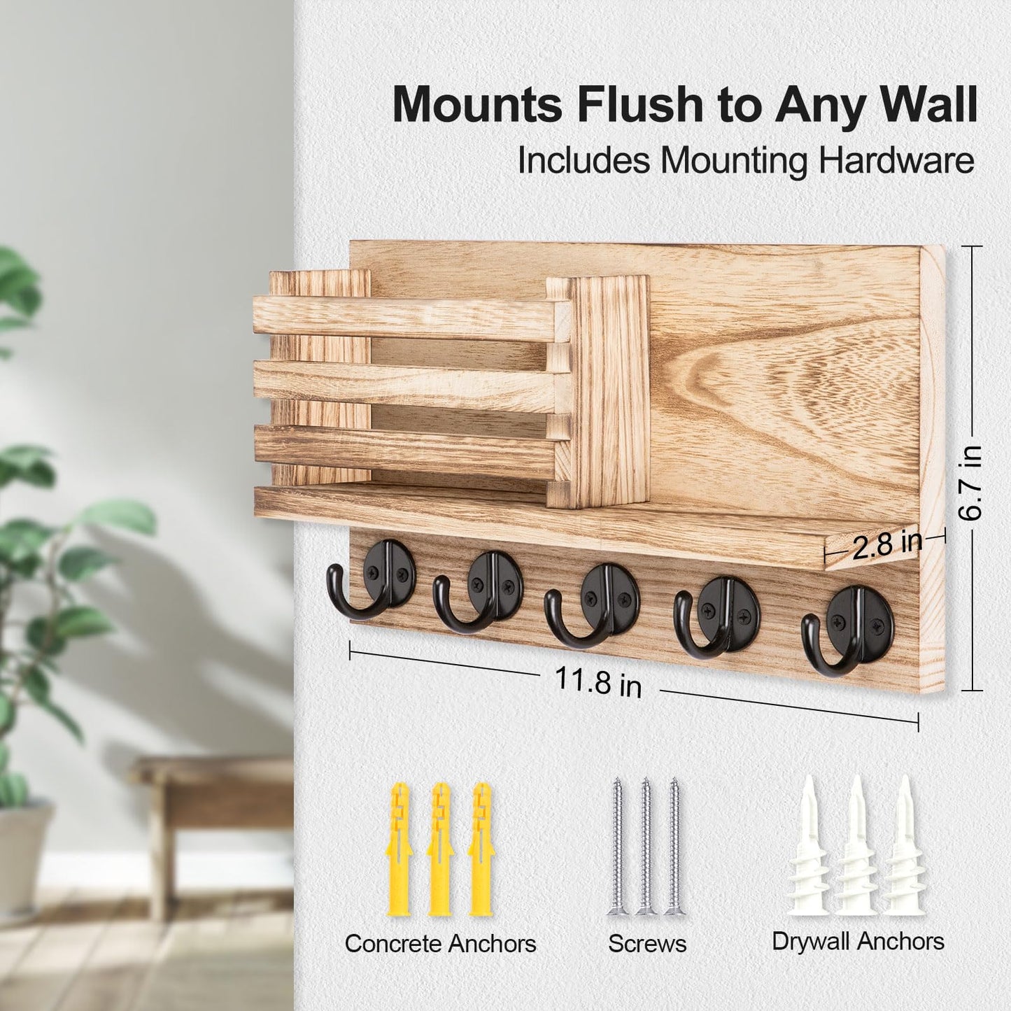 Lwenki Key Holder for Wall – Decorative Wooden Mail Holder and Key Shelf with Mounting Hardware, Installation Guide – Paulownia Wood with Metal Key Hooks (Wood, Large - 11.8inch)