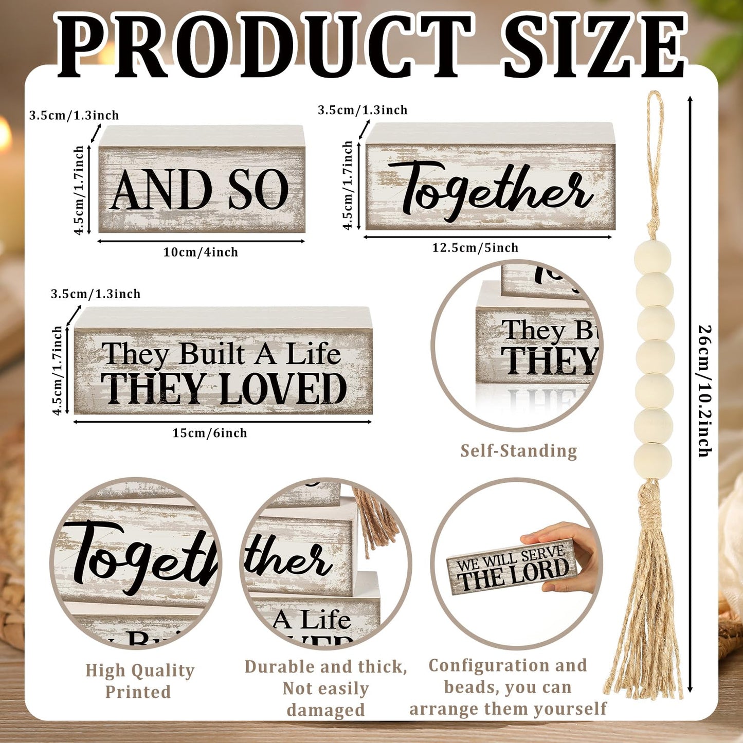 4 Pcs Farmhouse Home Decoration Wooden Tabletop and So Together They Built a Life They Loved Decor Motivational Tiered Tray Decor Rustic Block Sign Retro Bead Garland Table Centerpiece for Shelf Desk