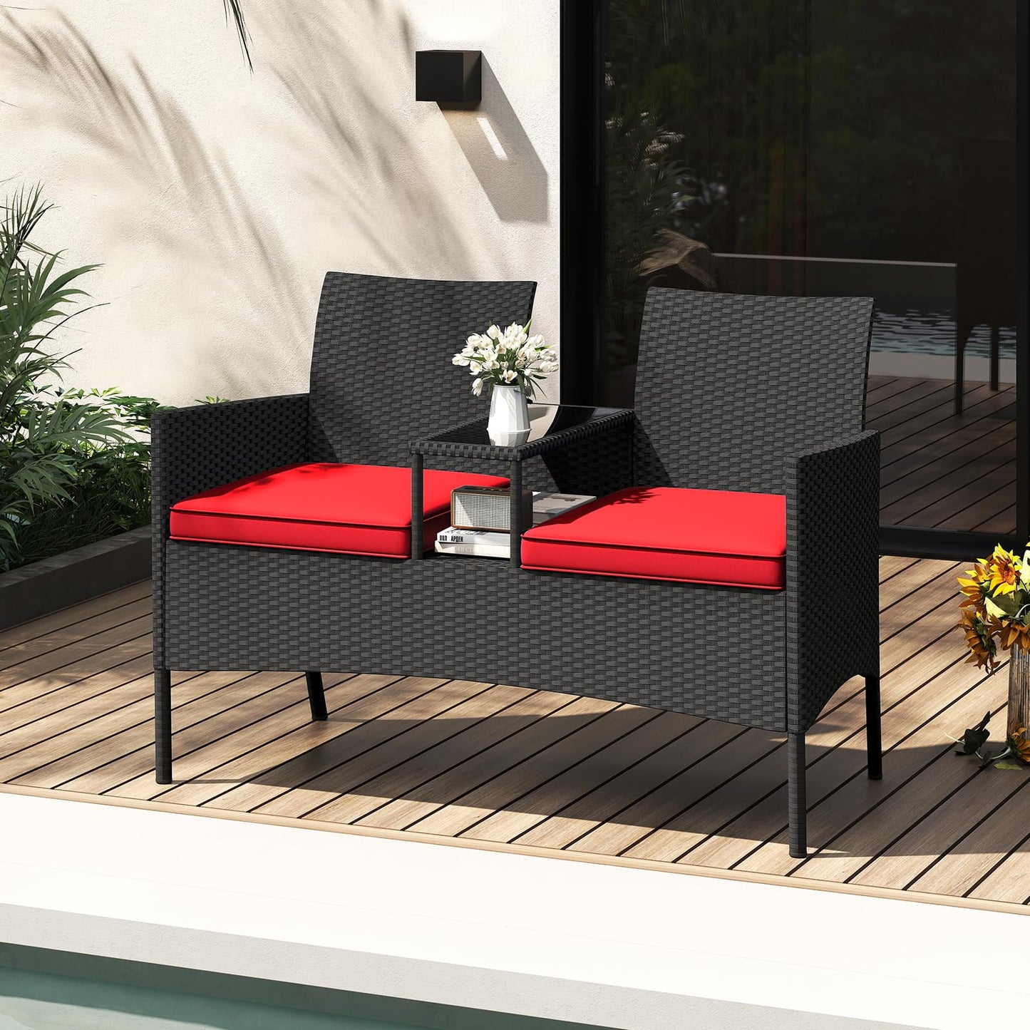 Tangkula Patio Loveseat with Built-in Table, Wicker 2-Seat Furniture with Soft Cushions & Tempered Glass Tabletop, Metal Frame Outdoor Conversation Seating Bench for Backyard, Porch