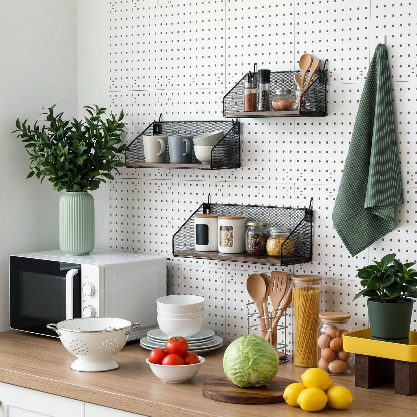 Ferrochef 3 Pack Pegboard Shelves with Hooks, Wall Mounted Grid Shelves, Pegboard Organizer Bins with Wooden Base, Heavy Duty Peg Board Storage Accessories for Kitchen, Bathroom, Garage, Office(Black)