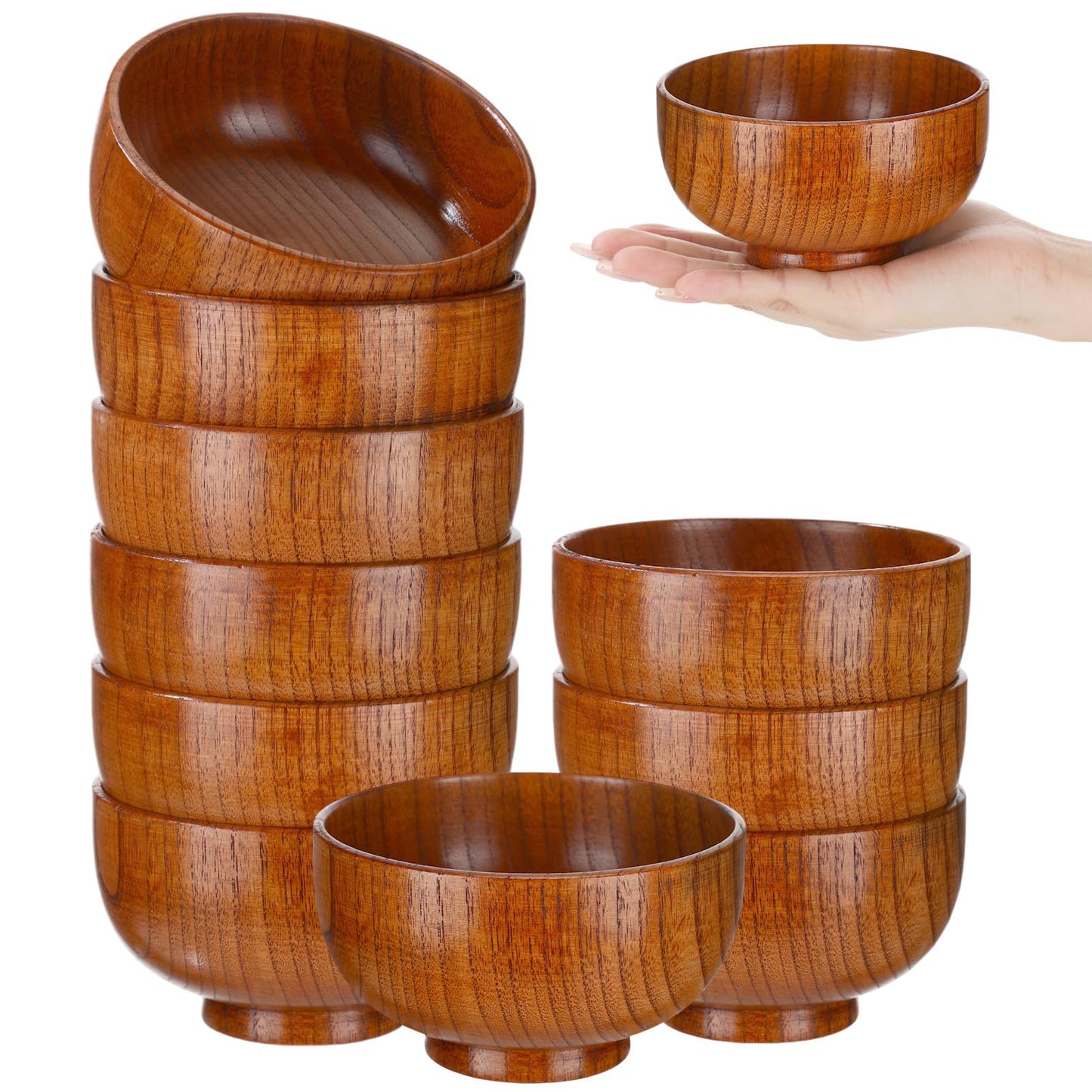 Reallnaive 10 Pcs Jujube Wooden Bowls Small Soup Bowls Round Serving Bowl Wood Salad Bowl Hand Carved Calabash Dip Tray for Popcorn Pasta Candy Cereal Coconut Party Supplies(4.7 Inch)