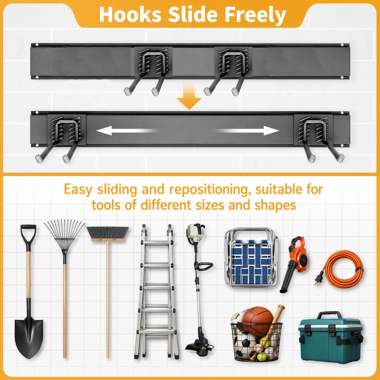 CBWLWJ Garage Tool Organizer Wall Mount, 64 inch Garage Wall Organizer, 680lbs Sturdy Garden Tool Organizer with 12 Adjustable Hooks, for Yard, Shed, Basement, Workshop(Black)