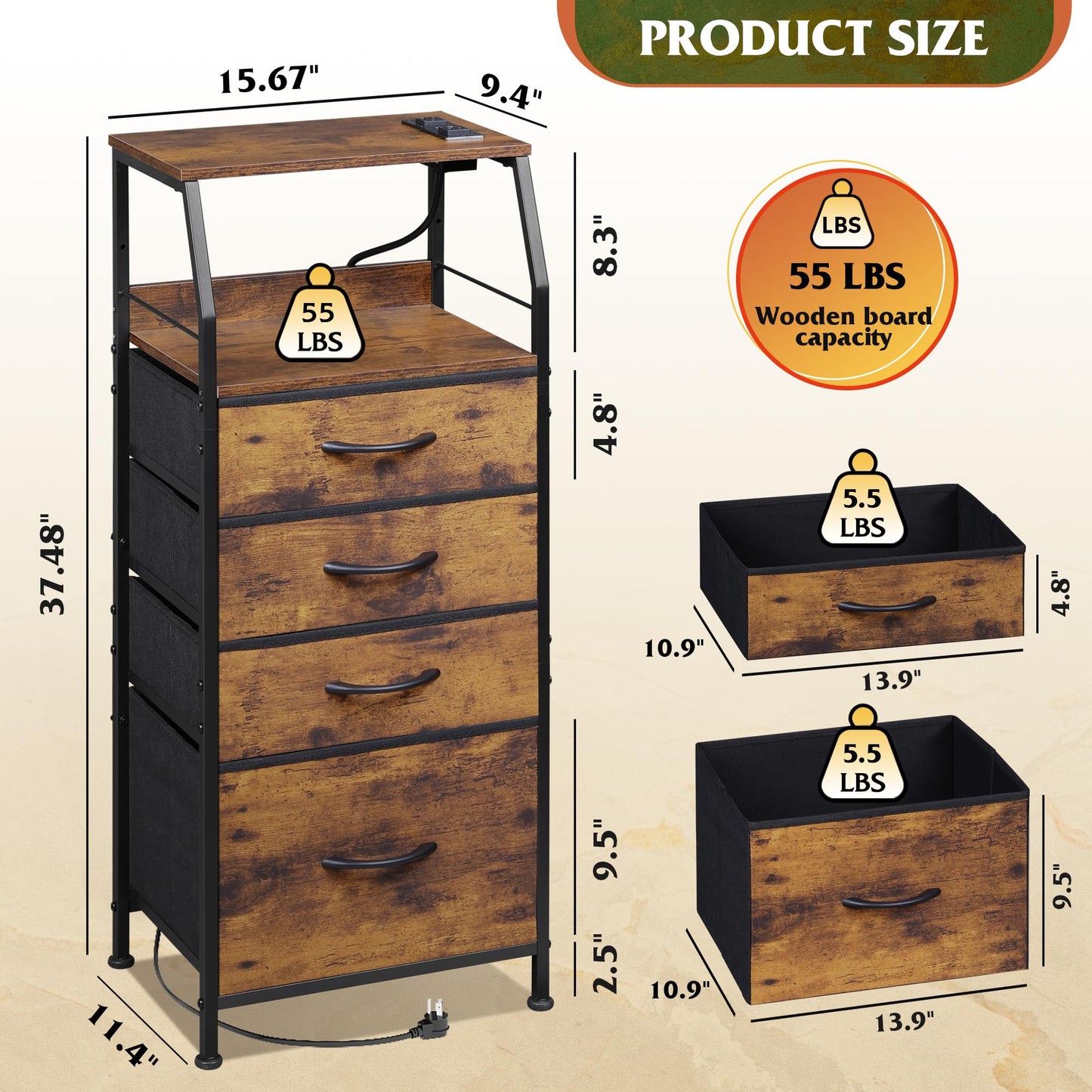 WLIVE 4 Drawer Dresser for Bedroom, 37" H Nightstand with Charging Station and Led Light, Tall Night Stand Bed Side Table, End Table with USB Ports and Outlets, Fabric Bins, Wood Shelf, Rustic Brown