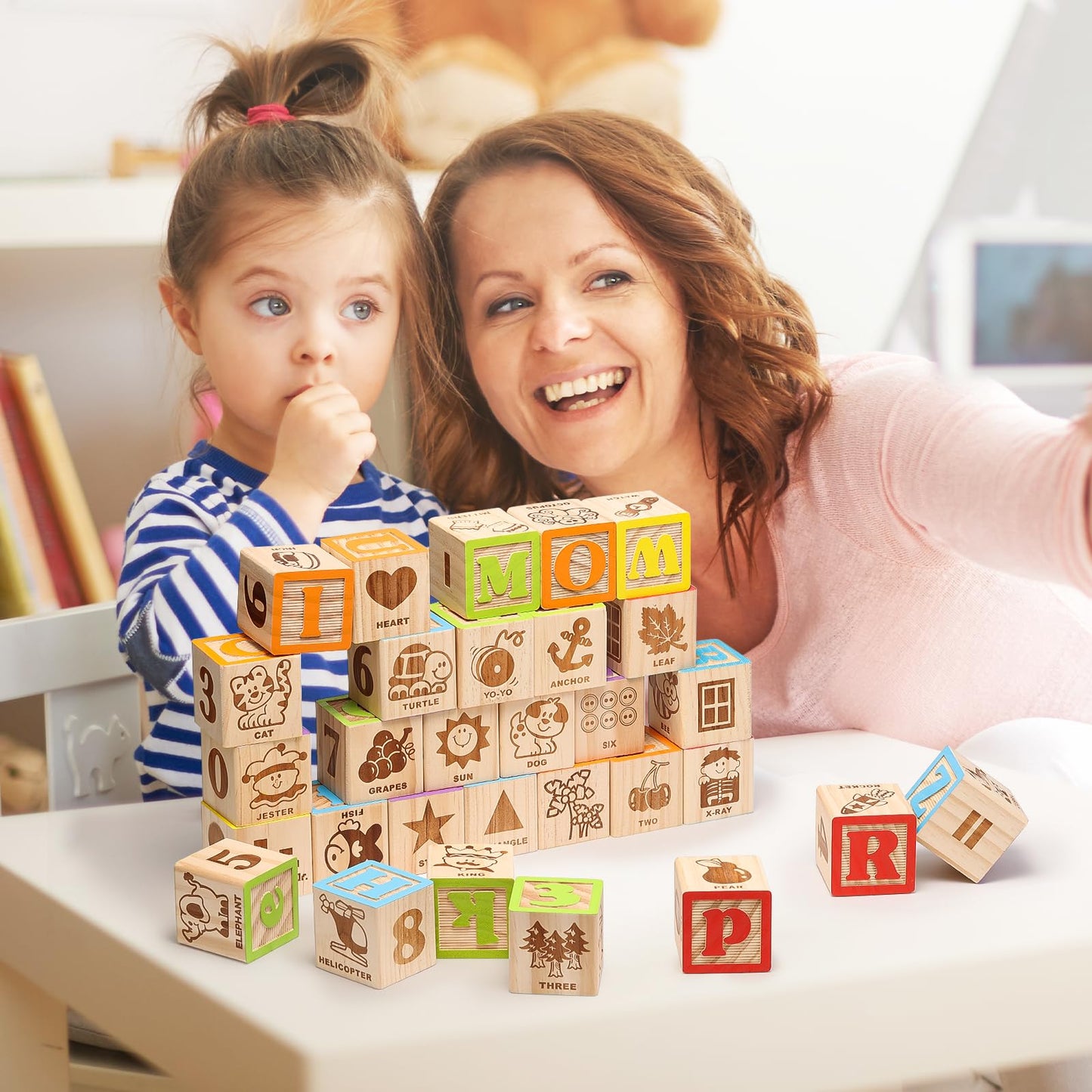 SainSmart Jr. Wooden Alphabet Blocks 1.73 Inch, 30Pcs Building Blocks Including Letters, Numbers and Animals, Montessori Wooden Blocks for Preschool Toddlers