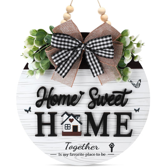 Home Sweet Home Sign, Wooden Welcome Sign for Front Door, 3D Farmhouse Porch Decor Hanging with Rustic Beads, Outdoor Wall Decor Welcome Hanger for All Season (White)