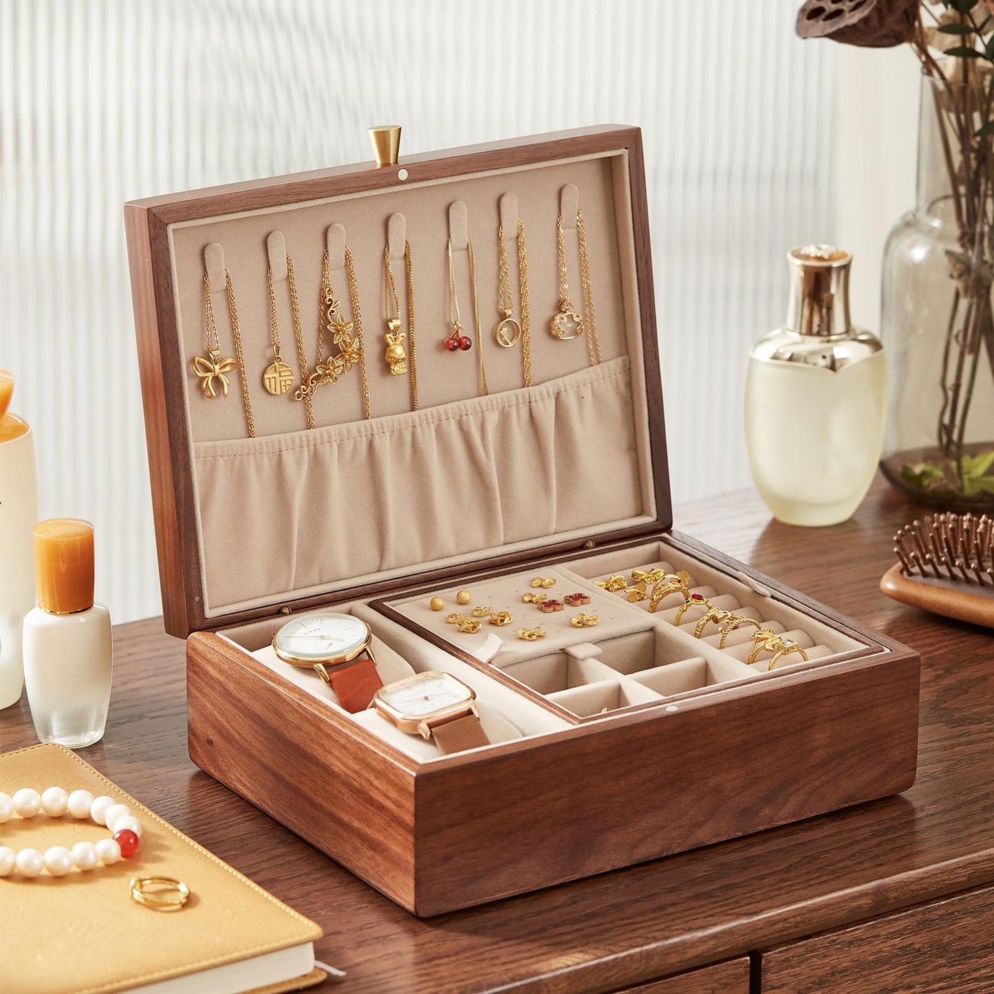 CHOSIN Black Walnut Wooden Jewelry Box for Women 2 Layer Jewelry Organizer with Removable Tray for Watches Rings Earrings Necklace Bracelets Storage, Ideal Gift for She, Fathers Day Gift