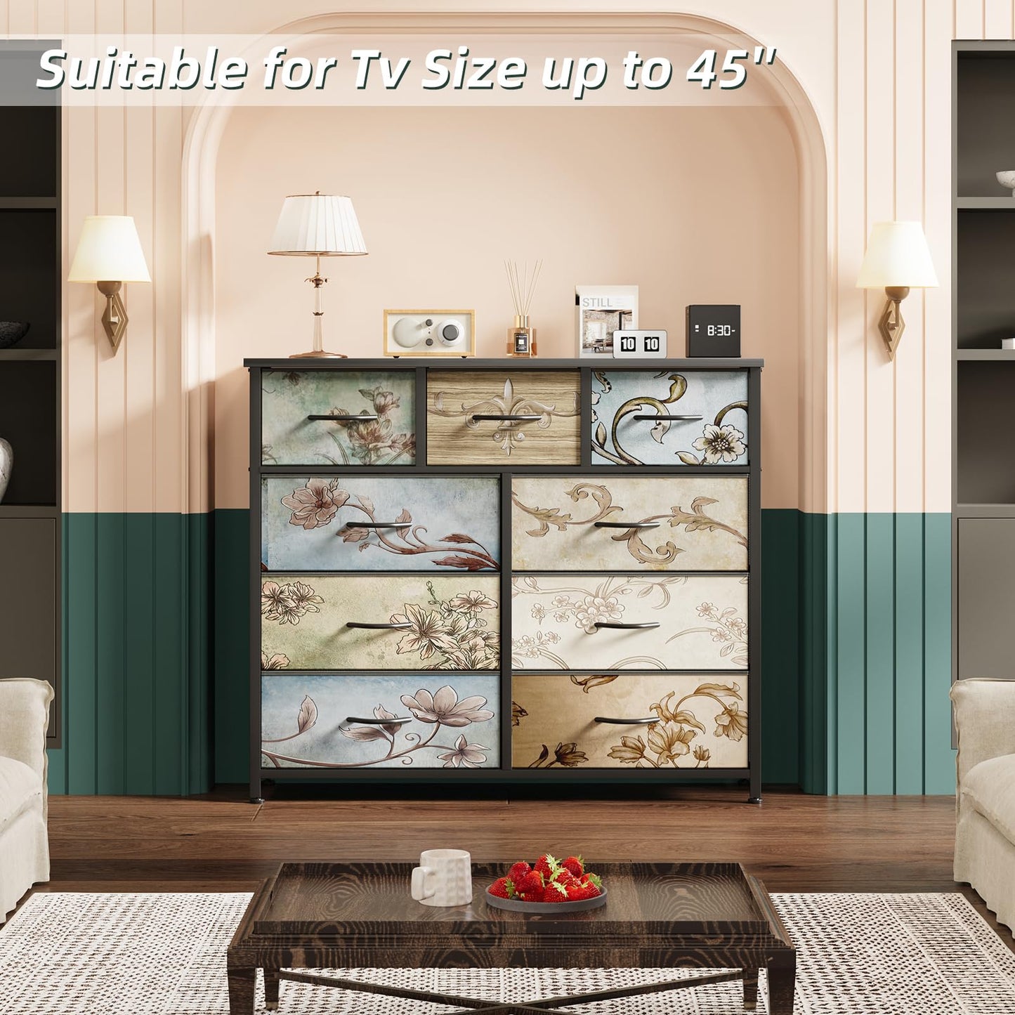 MUTUN Drawers Dresser for Bedroom,Wide Chest of Drawers for Closet, Clothes, TV Stand with Storage Drawers, Wood Board, Fabric Drawers,Floral Painted (9 Drawers)