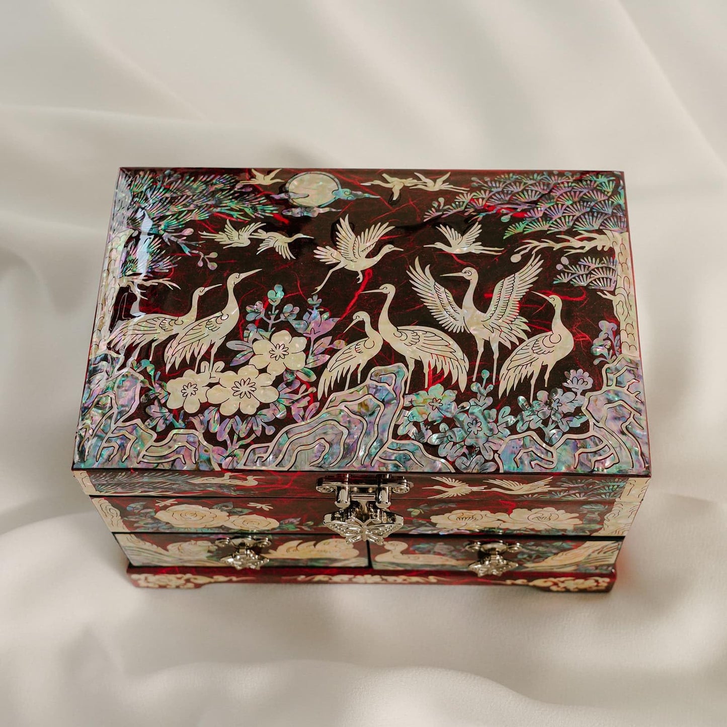 February Mountain Korean Mother of Pearl Jewelry Box – 2-Drawer Keepsake Box with Mirror, Traditional Oriental Trinket Organizer – Gift for Women, Mom, Wife, Anniversary (Crane and Pine tree - Red)