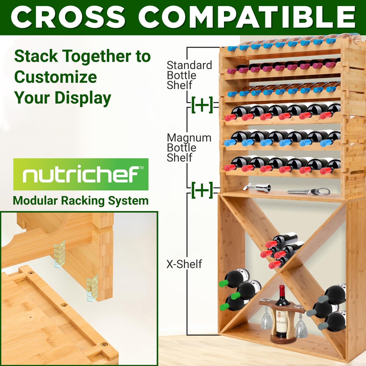 NutriChef 108 Bottle Stackable Bamboo Wine Rack, 12-Tier Modular Shelf
