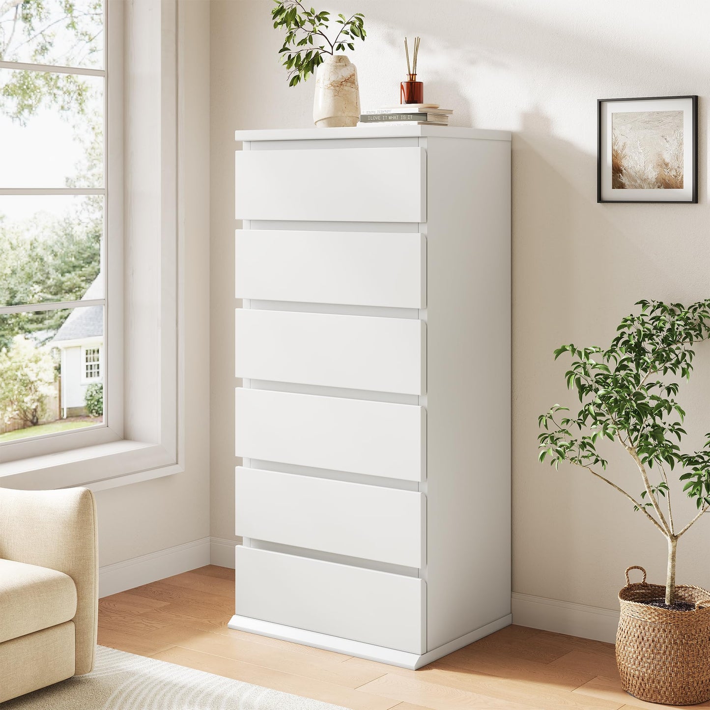 White Dresser, 6 Drawer Dresser for Bedroom, Wooden Chest of Drawers with Handleless Drawers, 19.7" W x 15.7" D x 47.2" H Vertical Tall Dresser, Storage Dressers for Living Room, Hallway and Office