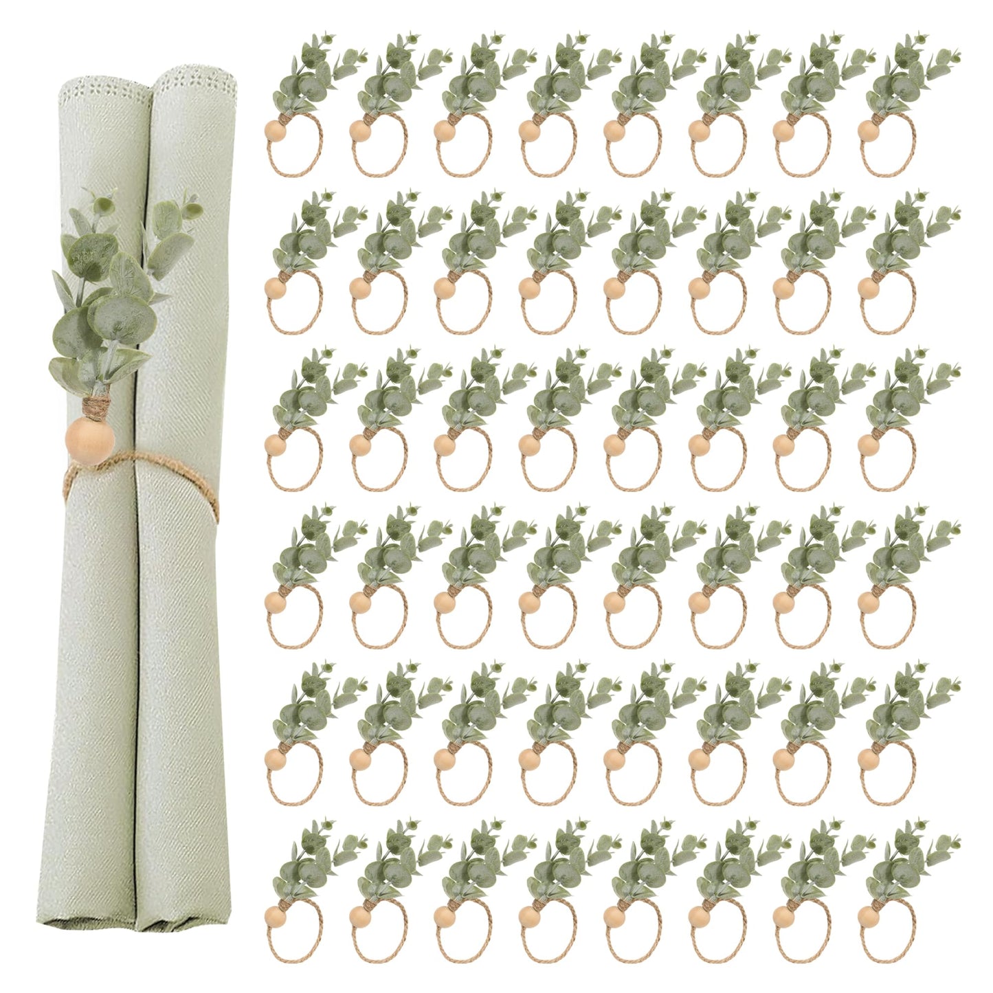 Defined Deco Napkin Rings - Set of 100, Rustic Farmhouse Boho Green Leaf Wooden Napkin Rings for Spring Summer, Thanksgiving Christmas, Wedding Table Decor