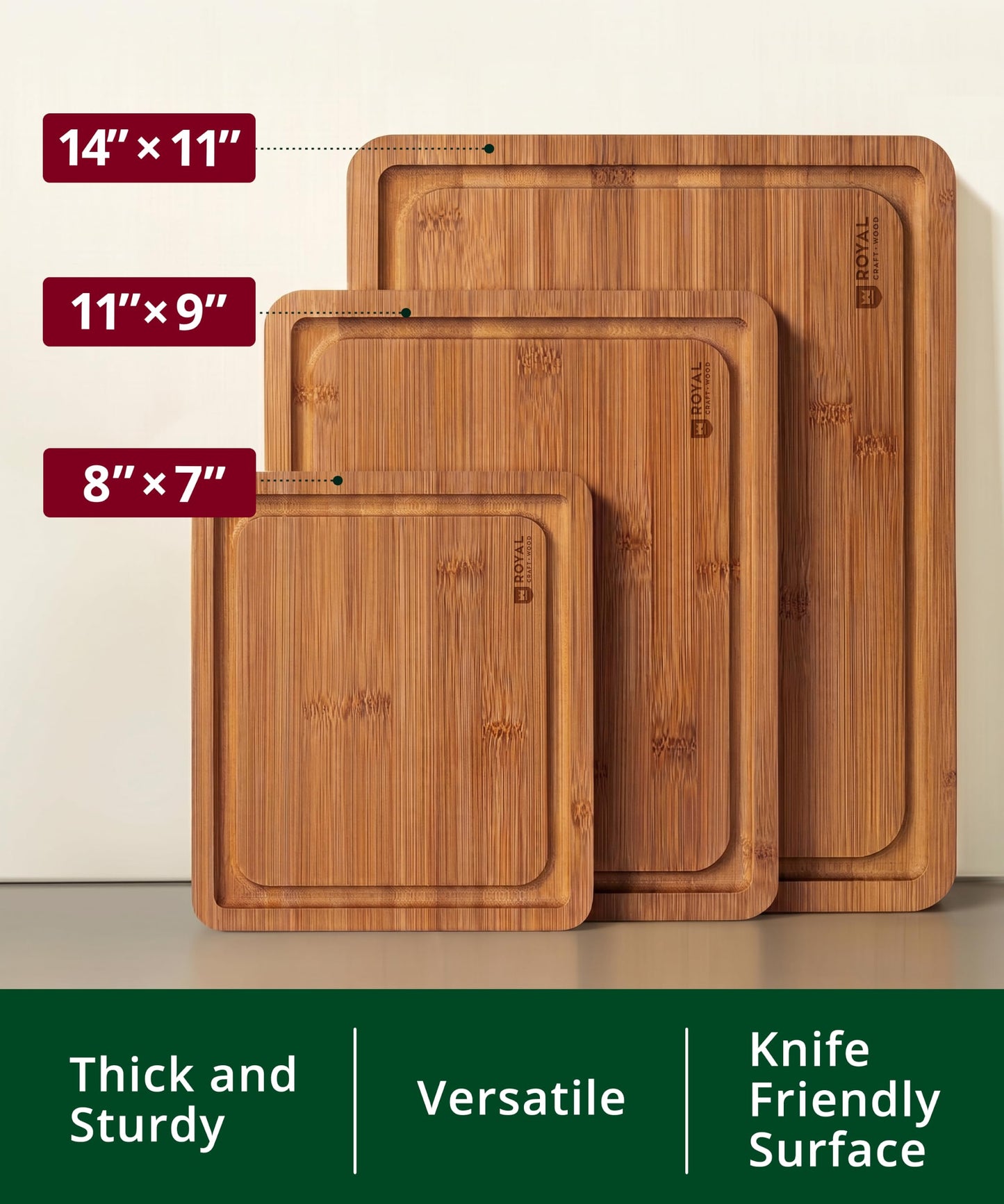 ROYAL CRAFT WOOD Wooden Cutting Boards for Kitchen Meal Prep & Serving - Bamboo Non Toxic Cutting Board Set with Deep Juice Groove Side Handles - Charcuterie & Chopping Butcher Block for Meat (3 Pcs)