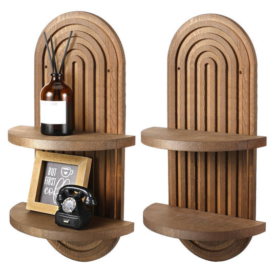 Wenqik 2 Pcs Boho Wall Shelf Rainbow Arch Wooden Floating Shelf Mid Century Bohemian Hanging Holder Double Vintage Wall Mount Altar Decor for Nursery Bedroom 15.75 x 6.69 Inches(Brown)