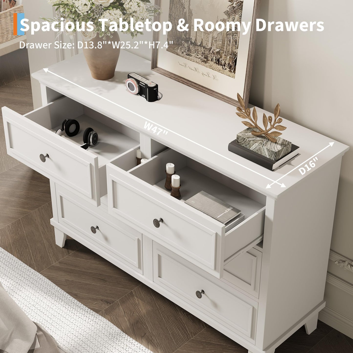 GarveeHome Farmhouse White Dresser for Bedroom with 6 Drawer, Double Dresser TV Stand with Vintage Handle, Wide Wood Dressers & Chests of Drawers, 6 Drawer Dressers for Bedroom, Living Room, Hallway
